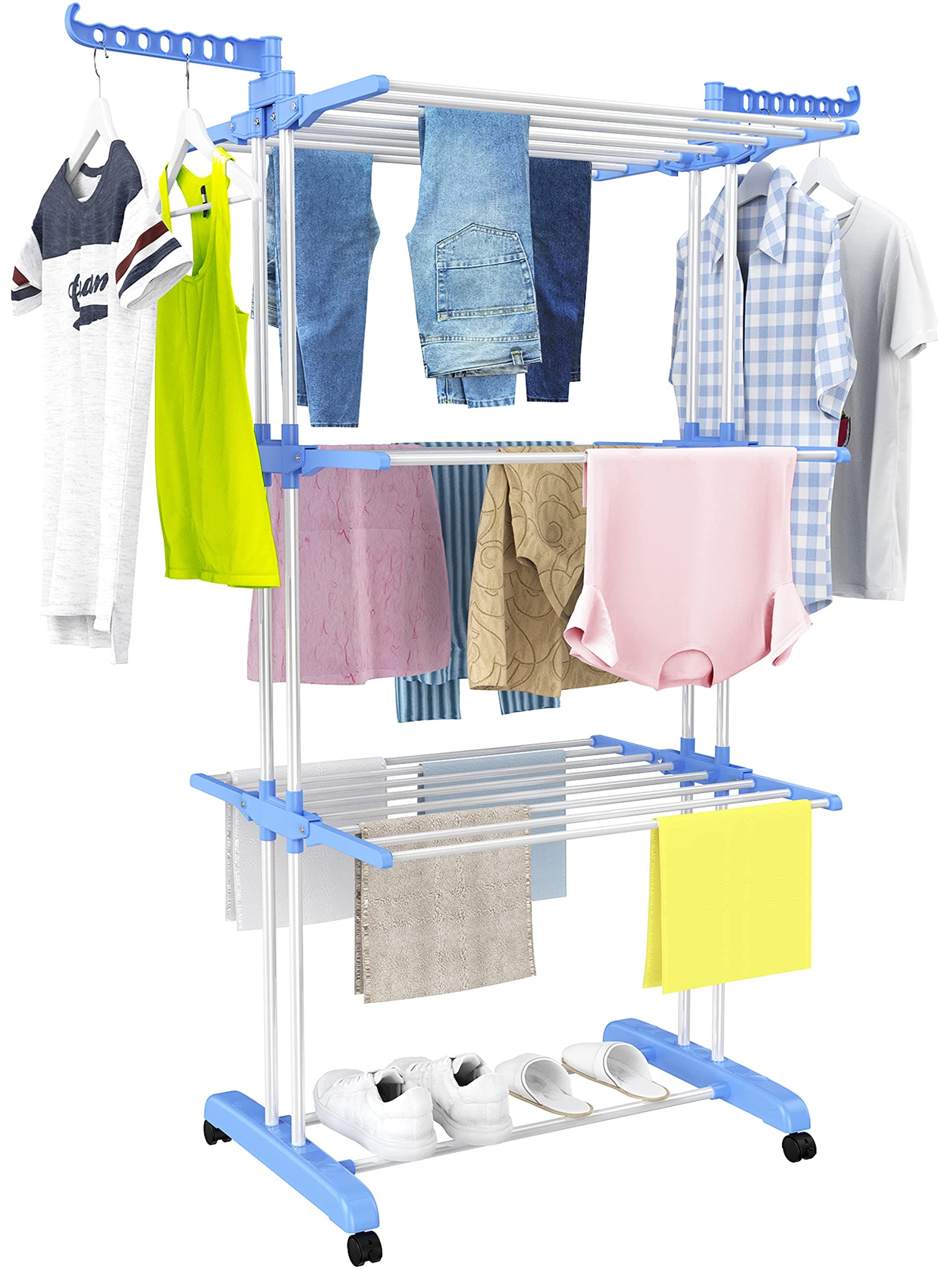 HOMIDEC Clothes Drying Rack, Large 4-Tier Foldable Drying Rack Clothing (67.7H x 19.7W x 30L Inches), Movable with 4 Castors. Multifunctional Stainless Steel Laundry Drying Rack, Blue