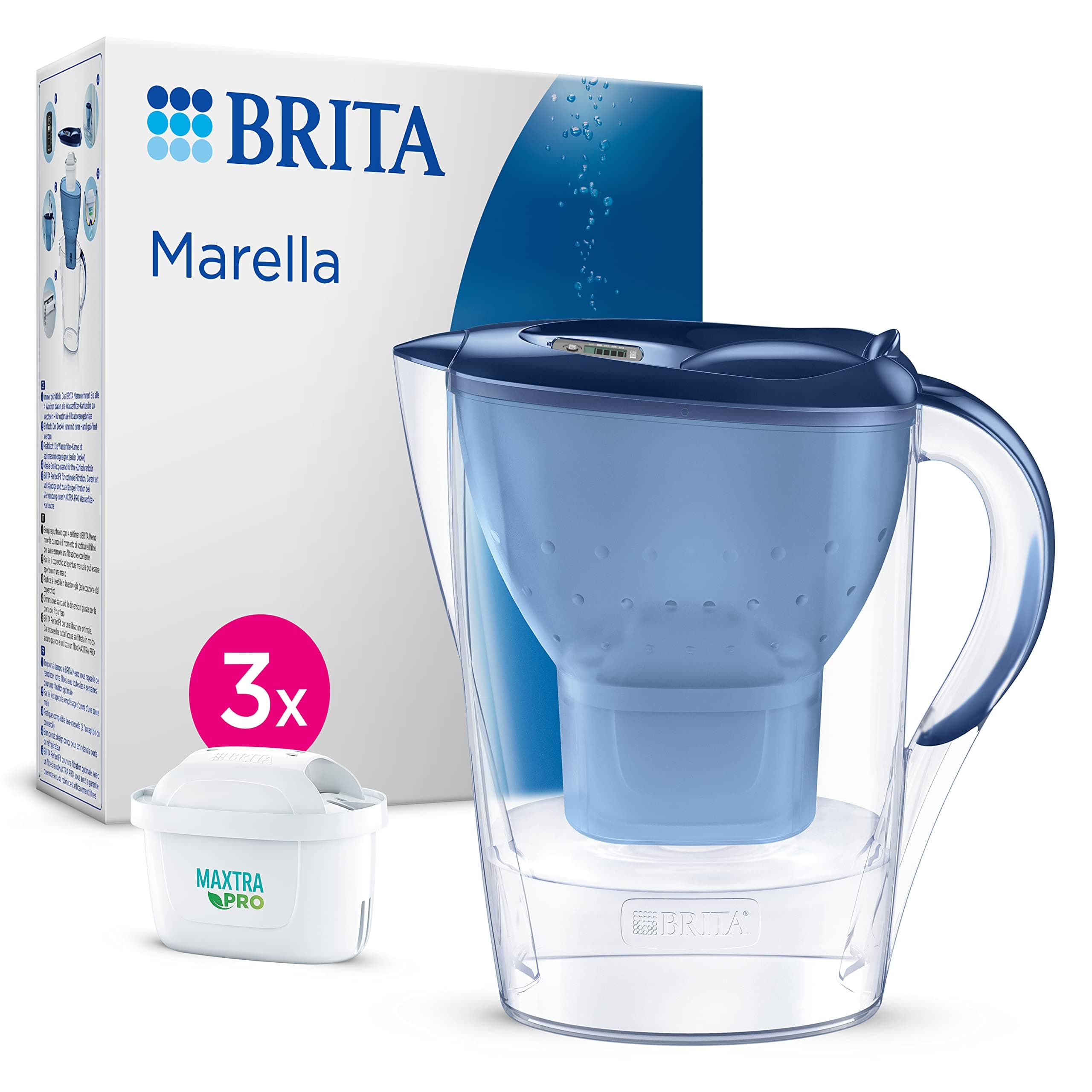 BRITA Marella Water Filter Jug Blue (2.4L) Starter Pack incl. 3x MAXTRA PRO Pure Performance cartridge - fridge-fitting jug with digital LTI and Flip-Lid - now in sustainable Smart Box packaging