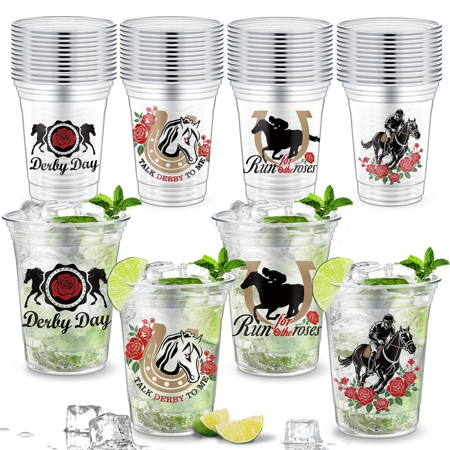 M AMFEOV Derby Plastic Cups Bulk, 48 Pcs Derby Mint Julep Cups for Derby Party Supplies, 16oz Horse Racing Party Decorations Supplies, Plastic Derby Cup for Horse Racing Party Decor