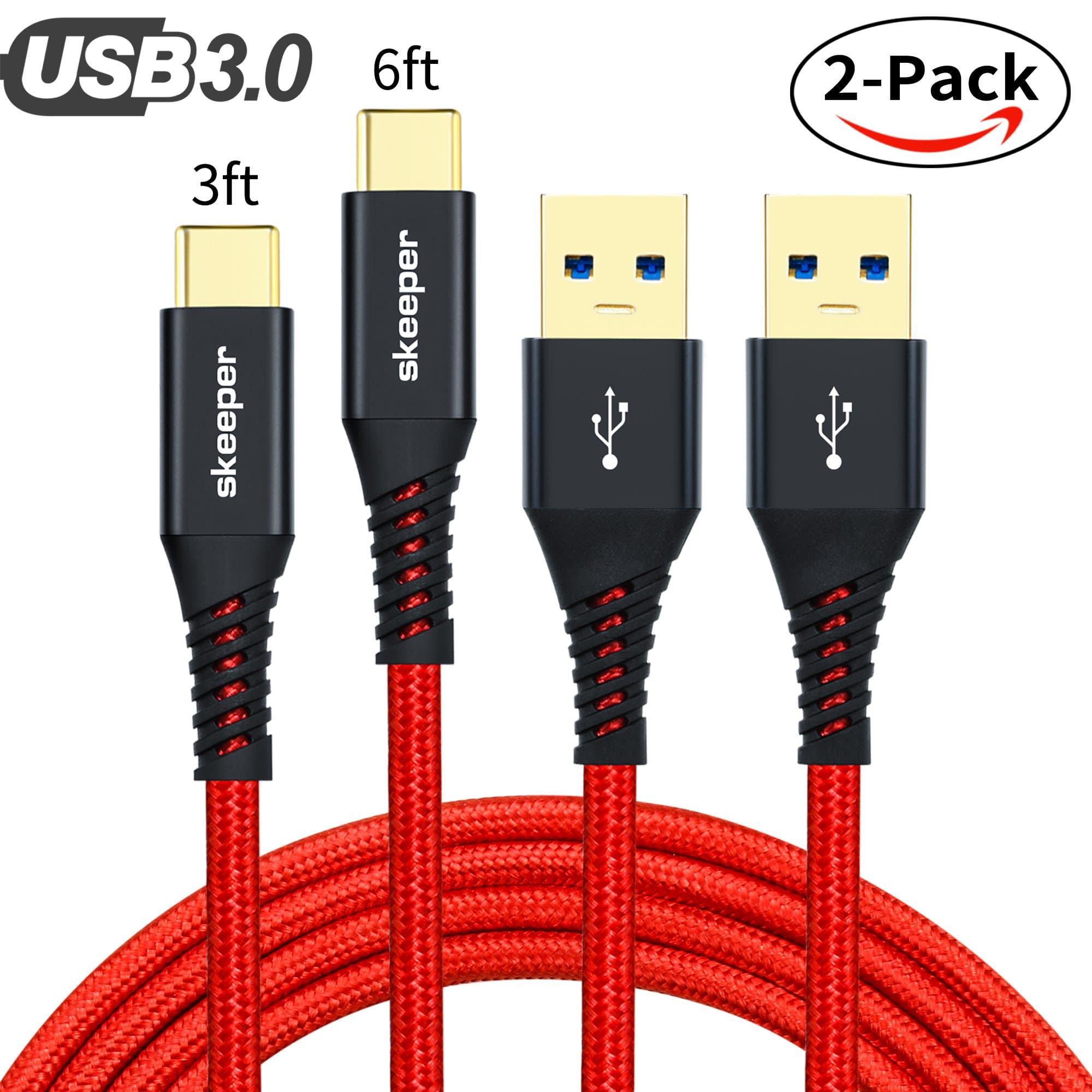 Skeeper USB Type C Cable, 2pack USB C 3.0 Cable 1X3ft 1X6ft Nylon Braided USB Type A to C Quick Charger