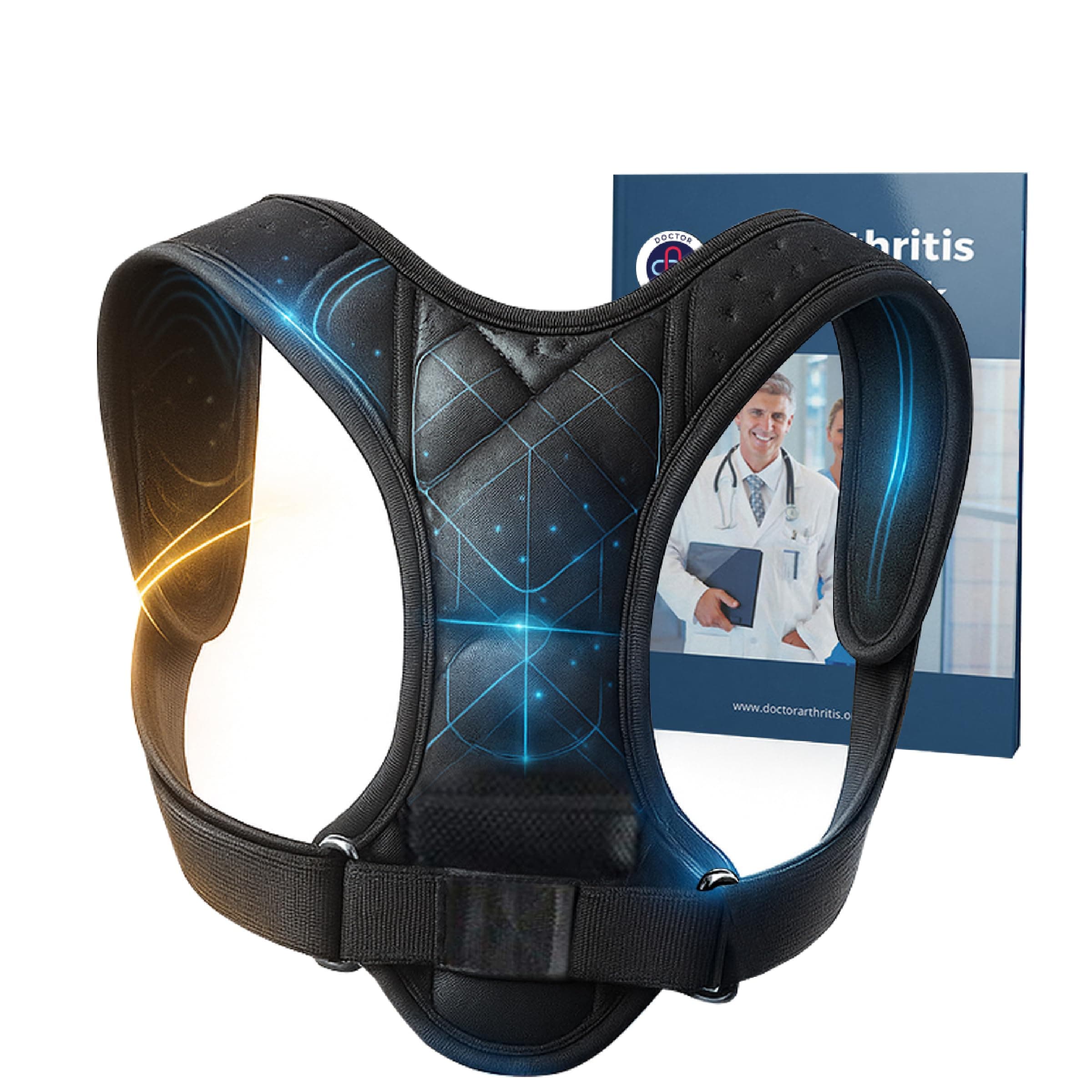 Doctor Developed Posture Support/Posture Correct/Stabilizer/Back Brace & Handbook - Fully Adjustable for Upper & Lower Back Pain. Suitable for Men & Women (Black, M)