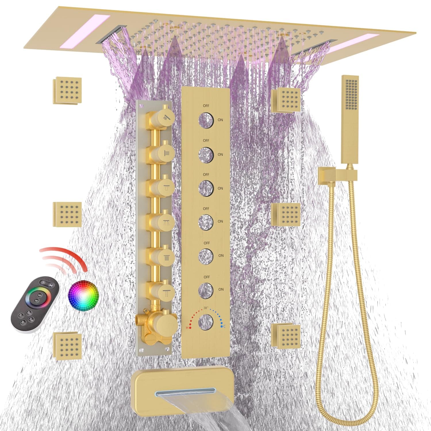 LED Full Body Rain Shower System with 6pcs Body Jets Spray with(Up/Down )Shower Spout, Large 3 In 1 Functions 14x20inch Showerhead, Rainfall Mist Shower Faucet Set Complete, Brushed Gold