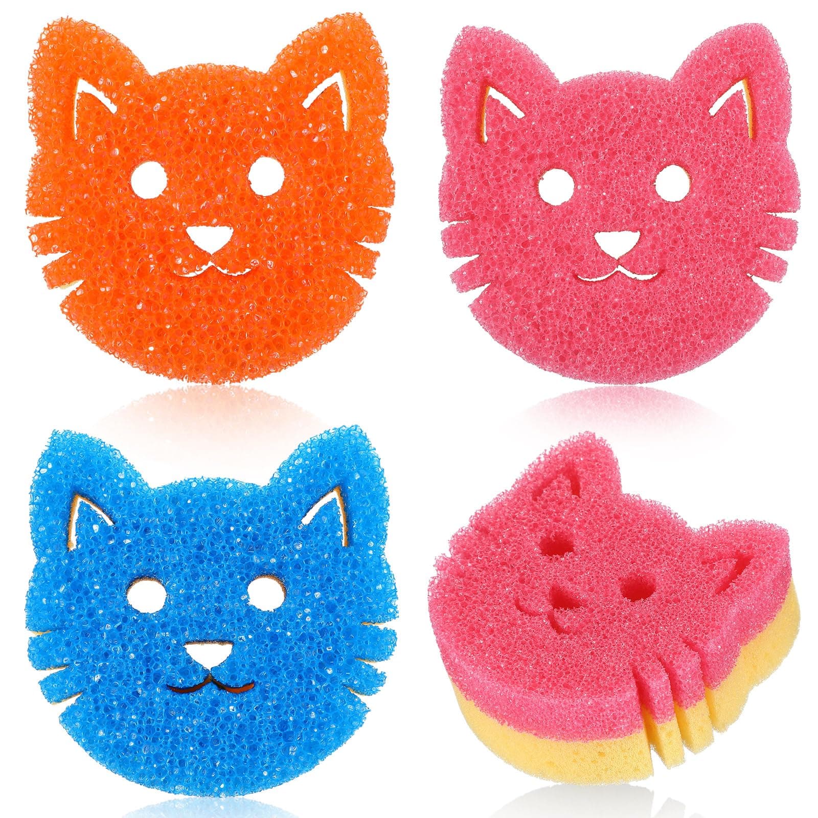 FillTouch 3 Pcs Dual Sided Scrub Sponge Multi Functional Cute Temperature Sensitive Non Scratch Dish Sponge for Washing Dishes Kitchen Bathroom(Cat)