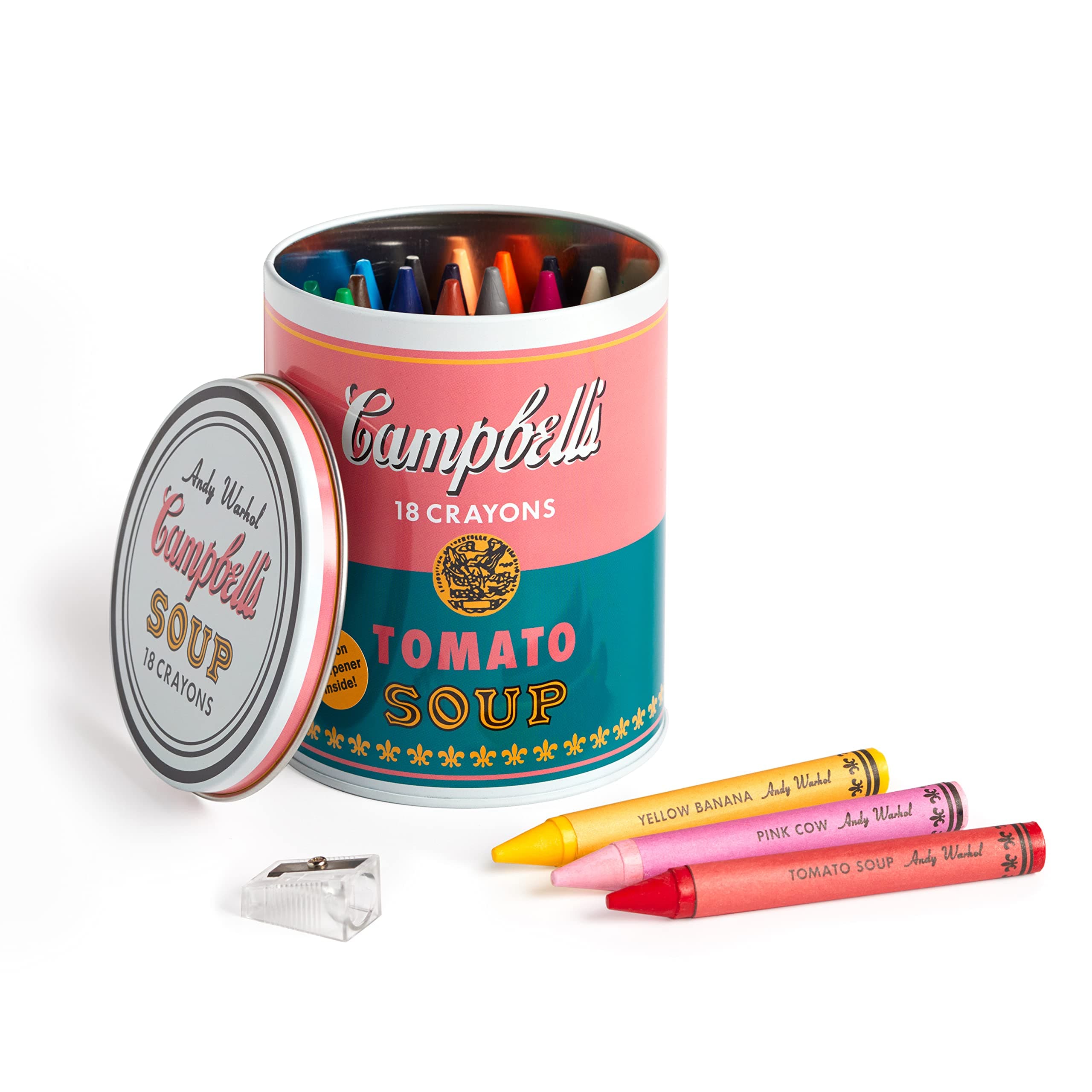 Mudpuppy Andy Warhol Inspired Extra Thick Crayons and Sharpener Set in Soup Can Shaped Tin, Pink,Yellow