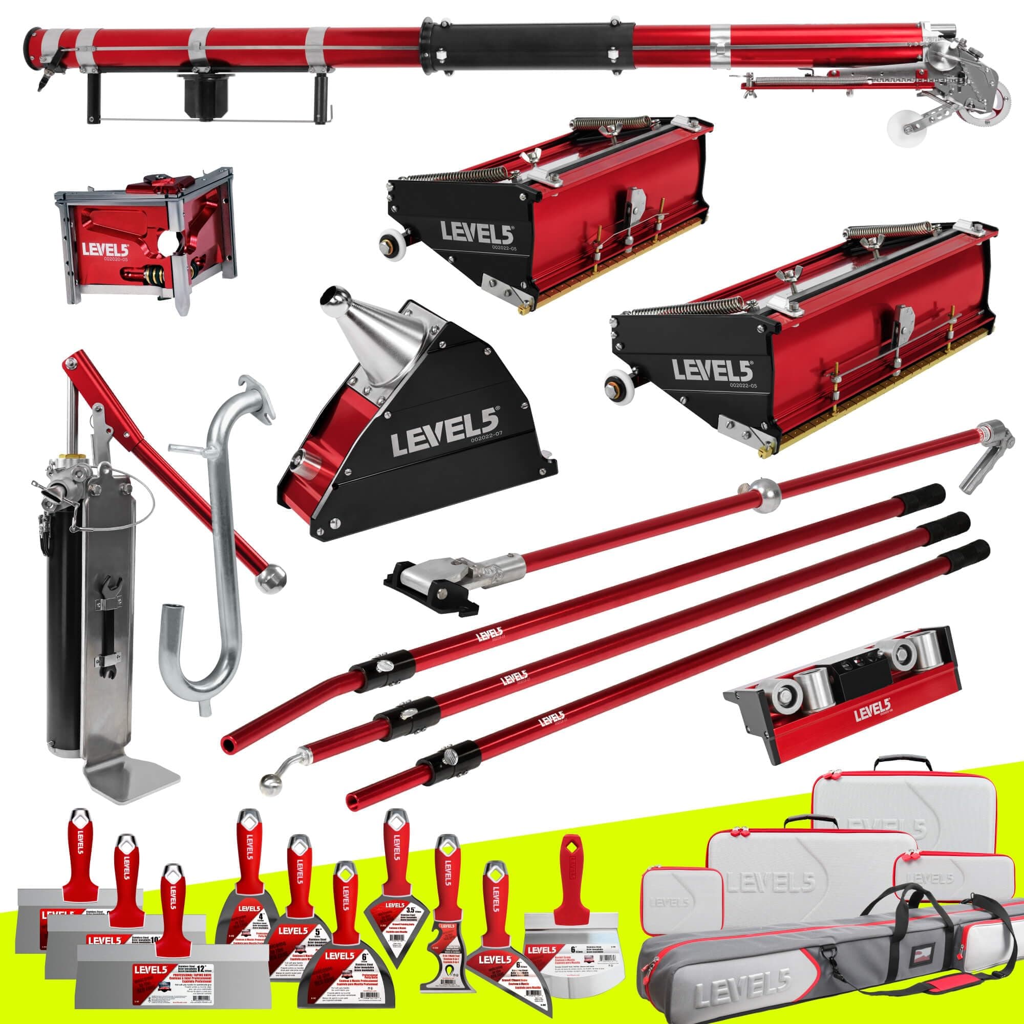 LEVEL5 Automatic Drywall Taping and Finishing Tool Set | 4-600 | Automatic Taper, 10”/12" Flat Boxes, 3” Angle Head, 7” Corner Applicator Box, Corner Roller, Standard Handles, Pump, Gooseneck