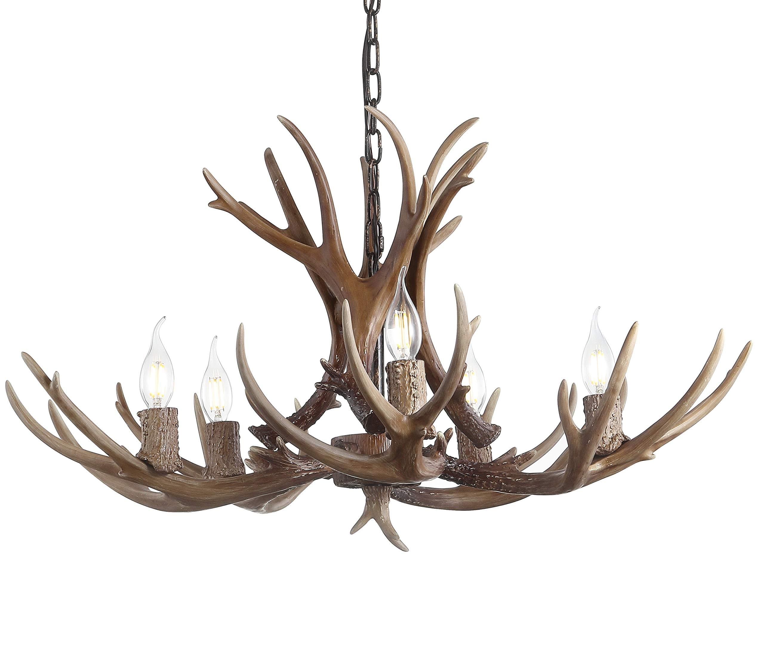 30" Brown Rustic Resin Antler 5-Light LED Chandelier, Farmhouse Faux Deer Horn Hanging Ceiling Light for Dining Room, Kitchen Island, Adjustable Light Fixture (JYL6300A)
