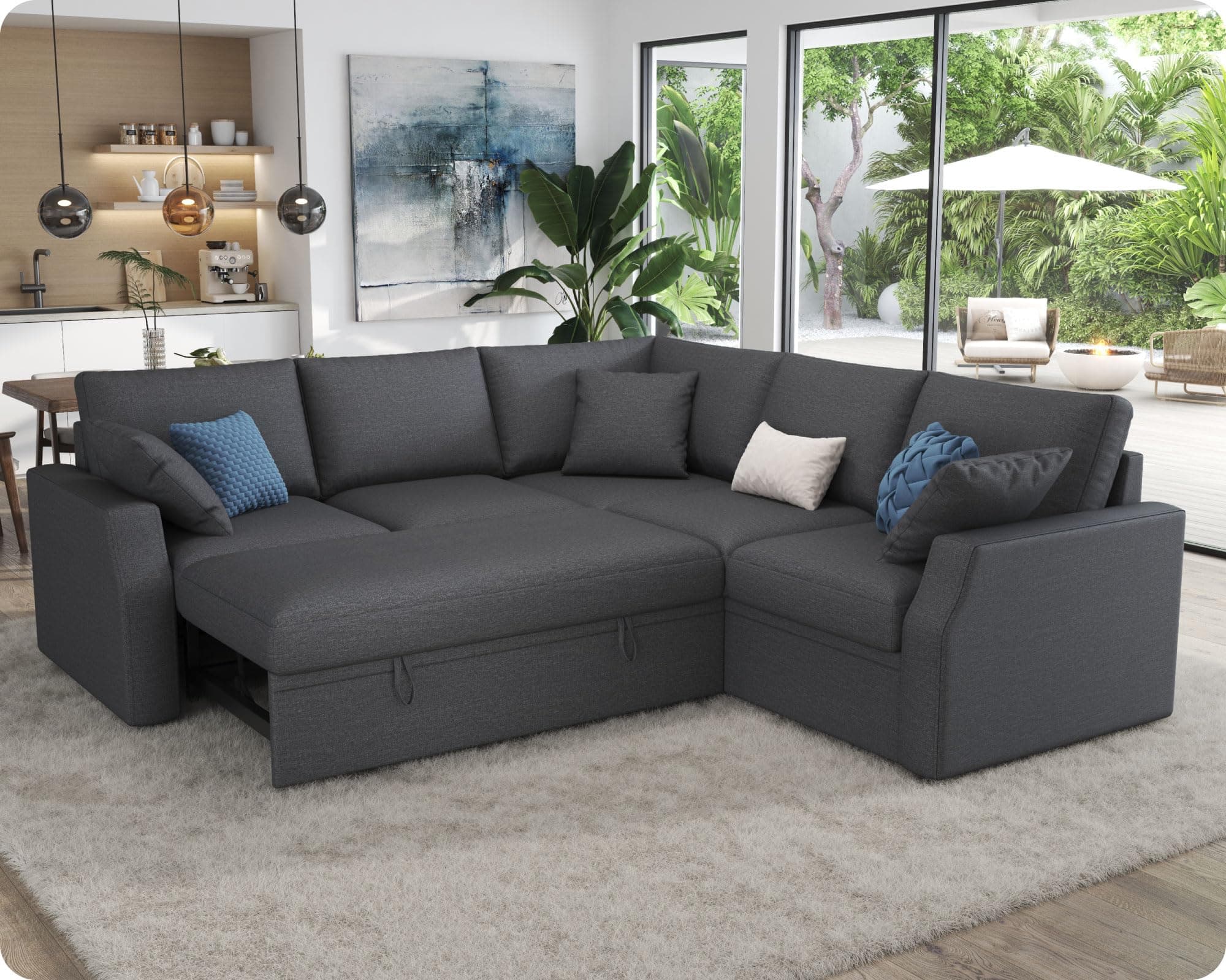 Sofa Bed, 85 Inch Sleeper Couch with Storage Seat, L Shaped Sofa with Pull Out Sofa Bed, Sectional Couches for Living Room Apartment, Grey Linen Couch Sofa