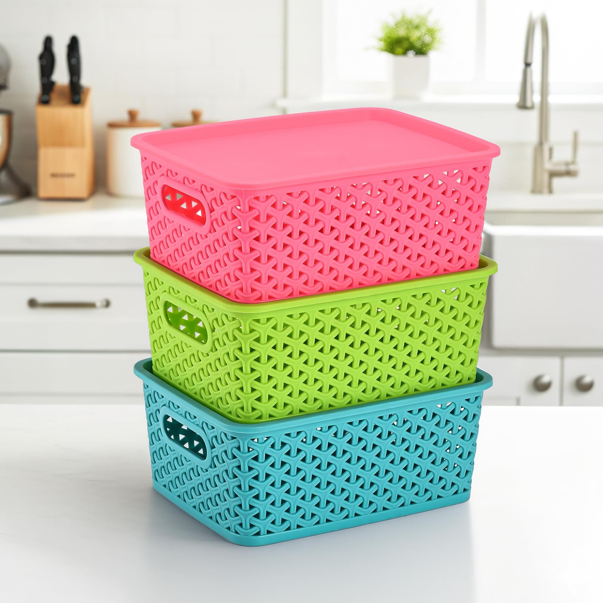 Kuber Industries Polypropylene Pack of 3 Multipurpose Storage Baskets with Lid for Organizing Home & Office,H1,Storage Box/Tray,Ideal for Kitchen,Bathroom,Clothes,Makeup & Stationery,Multicolor