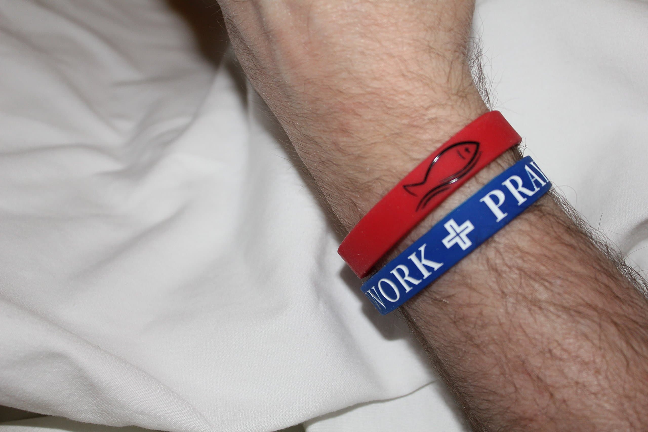 1 - "WORK + PRAY" w/fish (GREY w/BLACK text) Silicone Wristband **Designed by Tifepiphany**