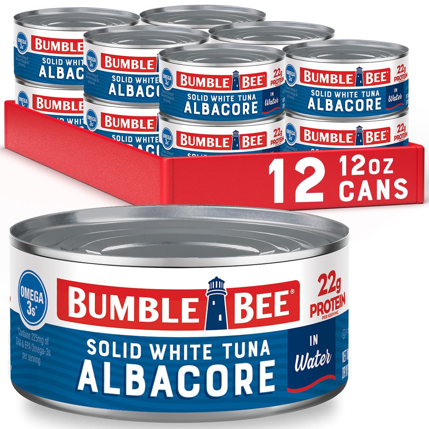 Bumble Bee Solid White Albacore Tuna in Water, 12 oz Can (Pack of 12) - Wild Caught Tuna - 22g Protein per Serving, High in Omega-3s - Non-GMO Project Verified, Gluten Free, Kosher