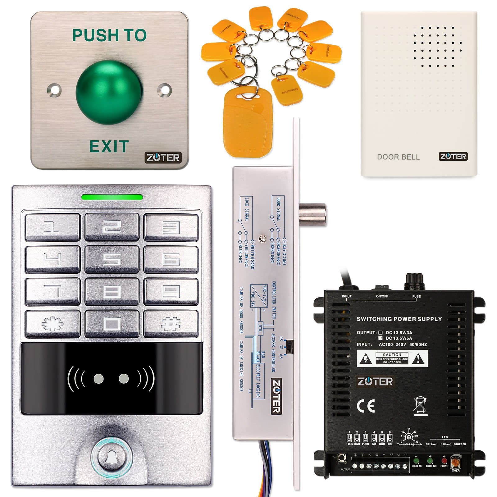 DIY Access Control Waterproof Keypad Office RFID Key Ring Entry Code System Kit + Electric Bolt Door Lock NO Fail Secure