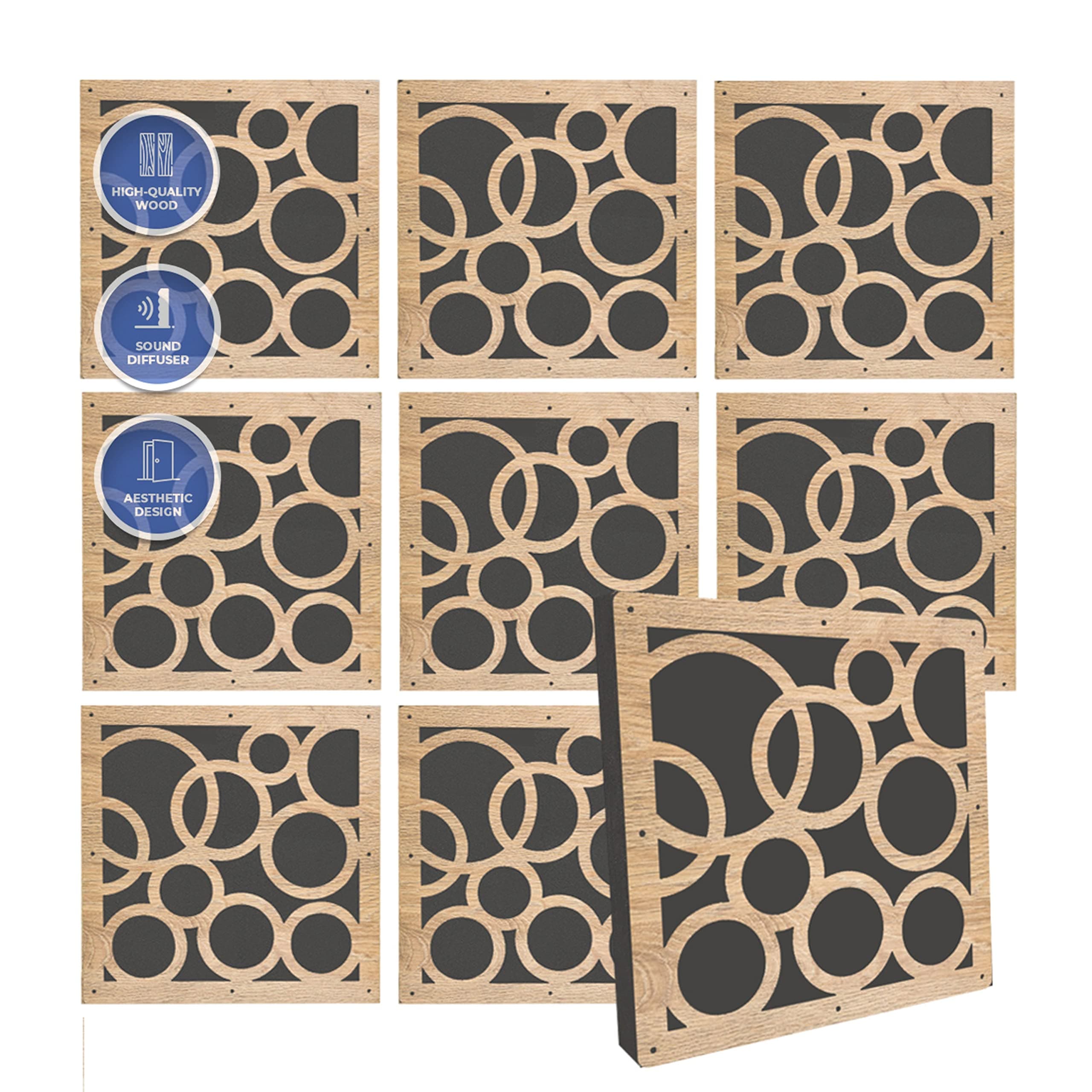 Arrowzoom 8 Diffuse PRO Acoustic Wooden Panel Absorb Sound Reduction Recording Fire Retardant Euroclass E NRC 0.64 up to 5000Hz Scattering Range Orbit Design 11.5x11.5x0.4in 1307