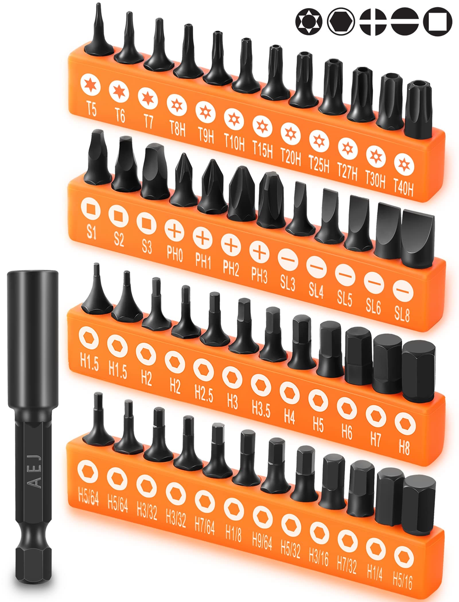 49-Pack Screwdriver Bit Set, Hex Head Drill Bit Set, Torx Square Slotted Phillips Bit Set with 1/4" Bit Holder, 1/4 Hex Shank, S2 Steel, 1"Long