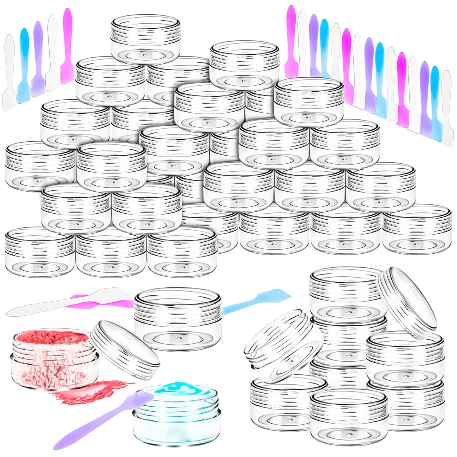 MotBach 50PCS 10g Empty Sample Containers with Clear Lids,Refillable Makeup Sample Containers, Small Sample Pot Jars Travel Makeup Containers with Mini Spatulas for Liquid Powder Creams Lotions