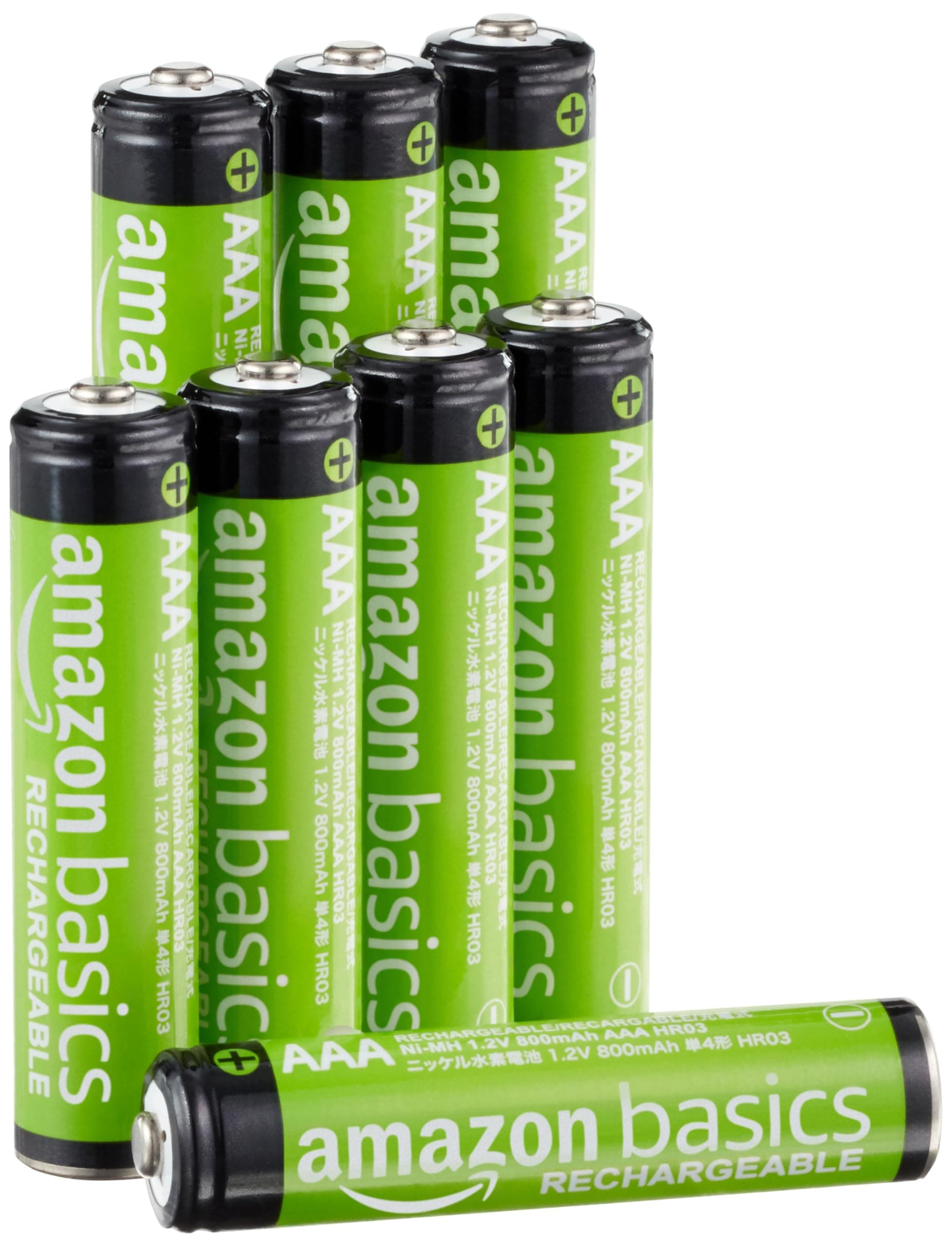 Amazon Basics 8-Pack Rechargeable AAA NiMH Performance Batteries, 800 mAh, 1.2V, Recharge up to 1000x Times, Pre-Charged