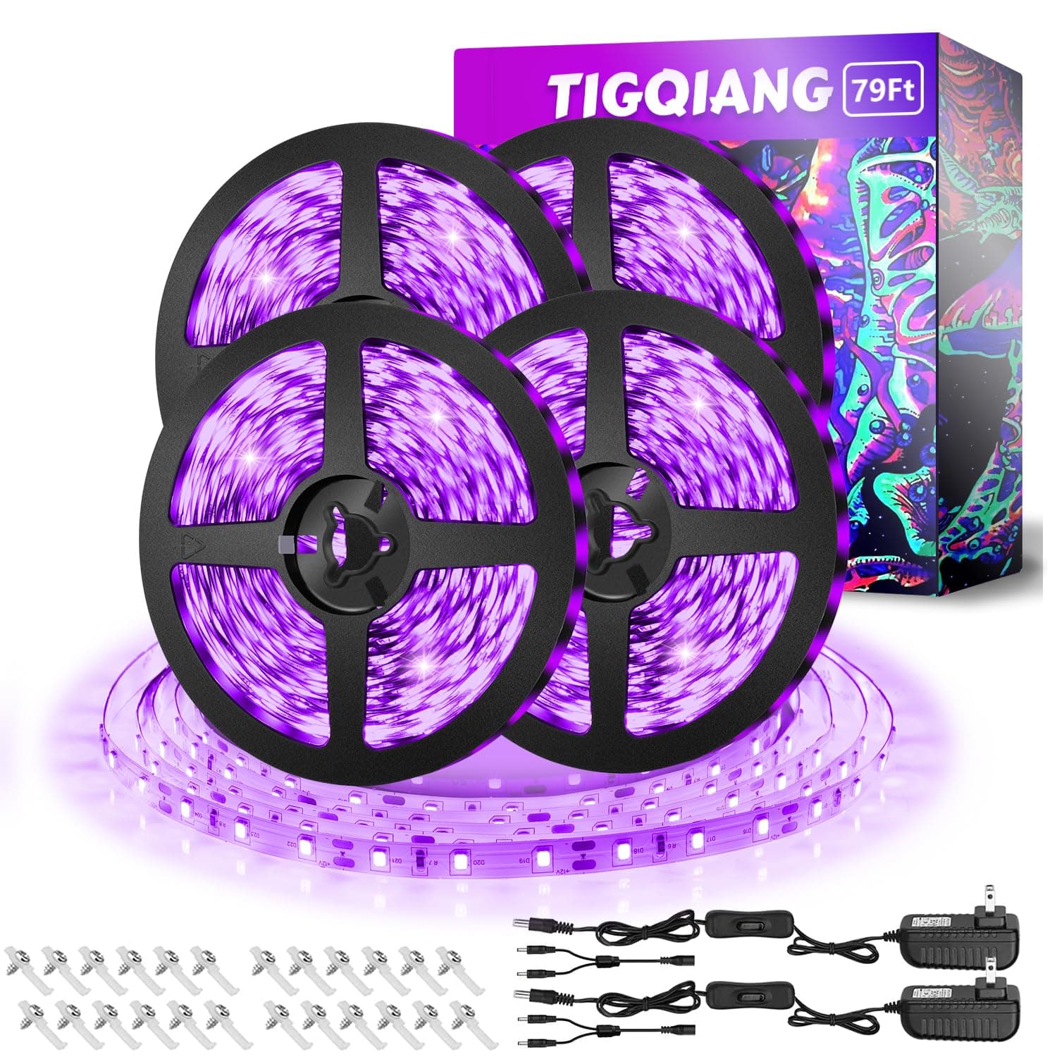 Black Light Strip, 79ft/24M Flexible LED Black Light with kit, 1440 Lamp Beads, 12V LED Light, Halloween Christmas Decoration, Non-Waterproof for Fluorescent Dance, Birthday, Glow Party
