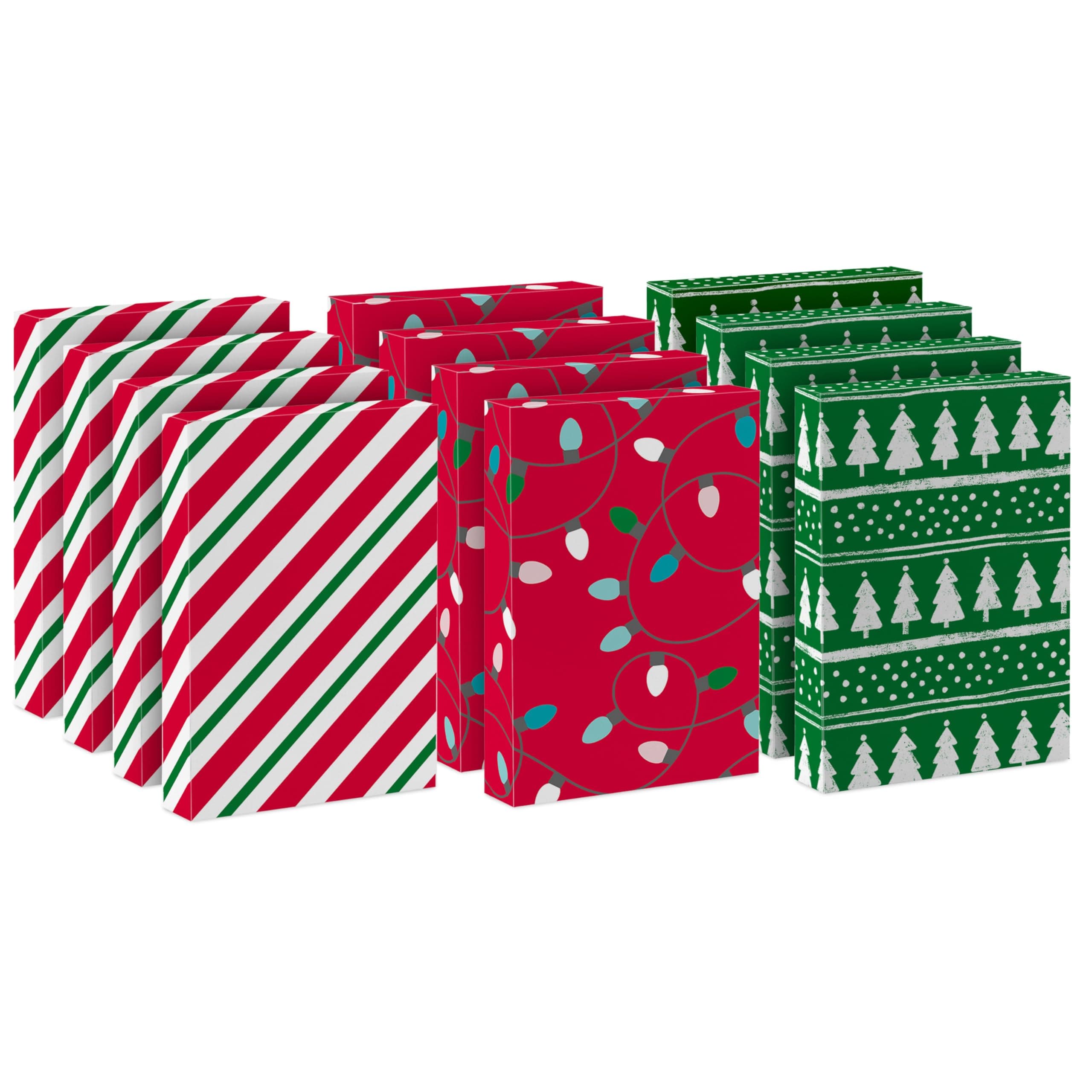 Medium Christmas Gift Boxes with Lids (12 Shirt Boxes, 3 Designs: Lights, Trees, Red and Green Stripes) for Christmas, Holiday Parties, Hostess Gifts