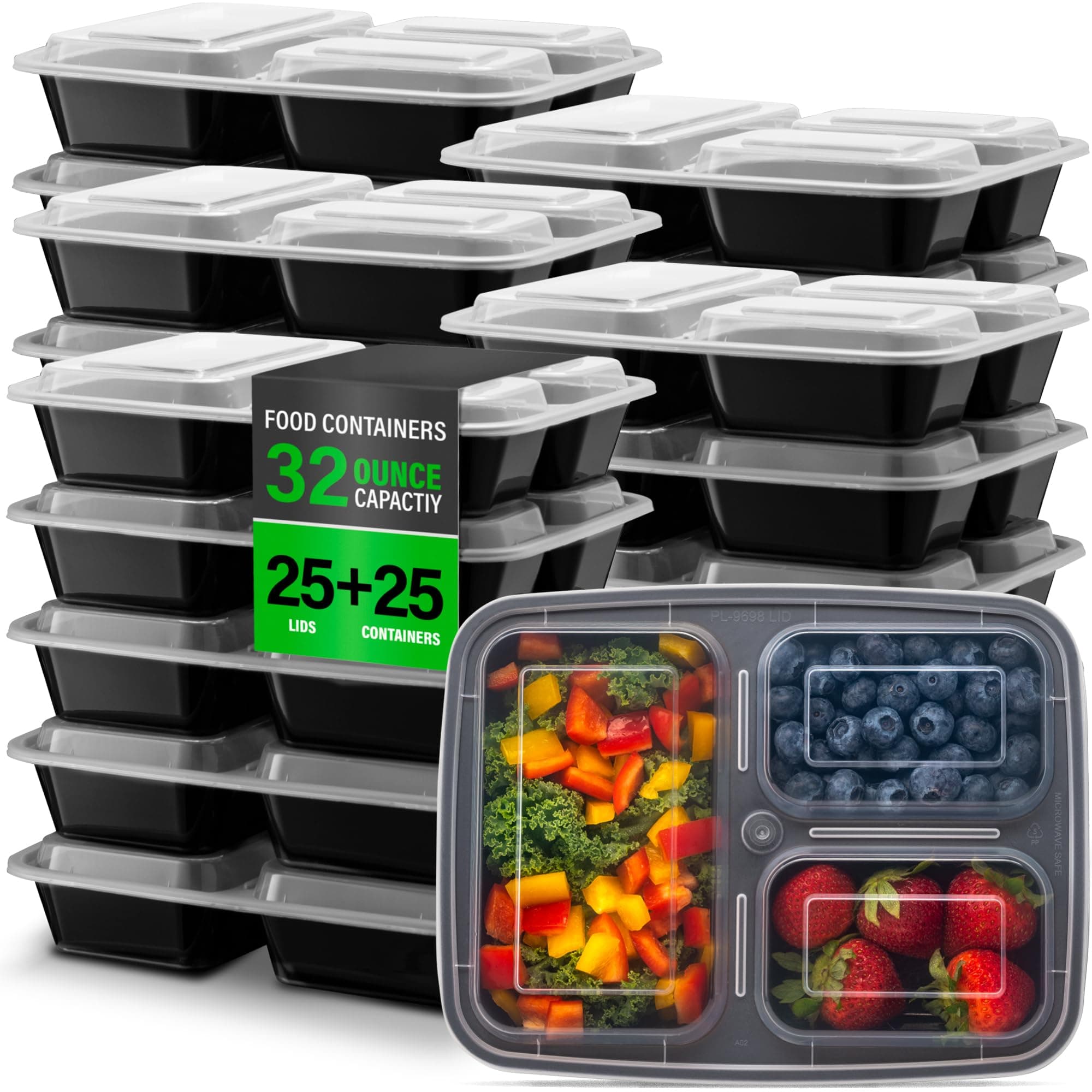 Ez Prepa [25 Pack 32oz 3 Compartment Meal Prep Containers with Lids -Food Storage Containers Plastic, Bento Box, Lunch Containers, Microwavable, Freezer and Dishwasher Safe, Food Containers