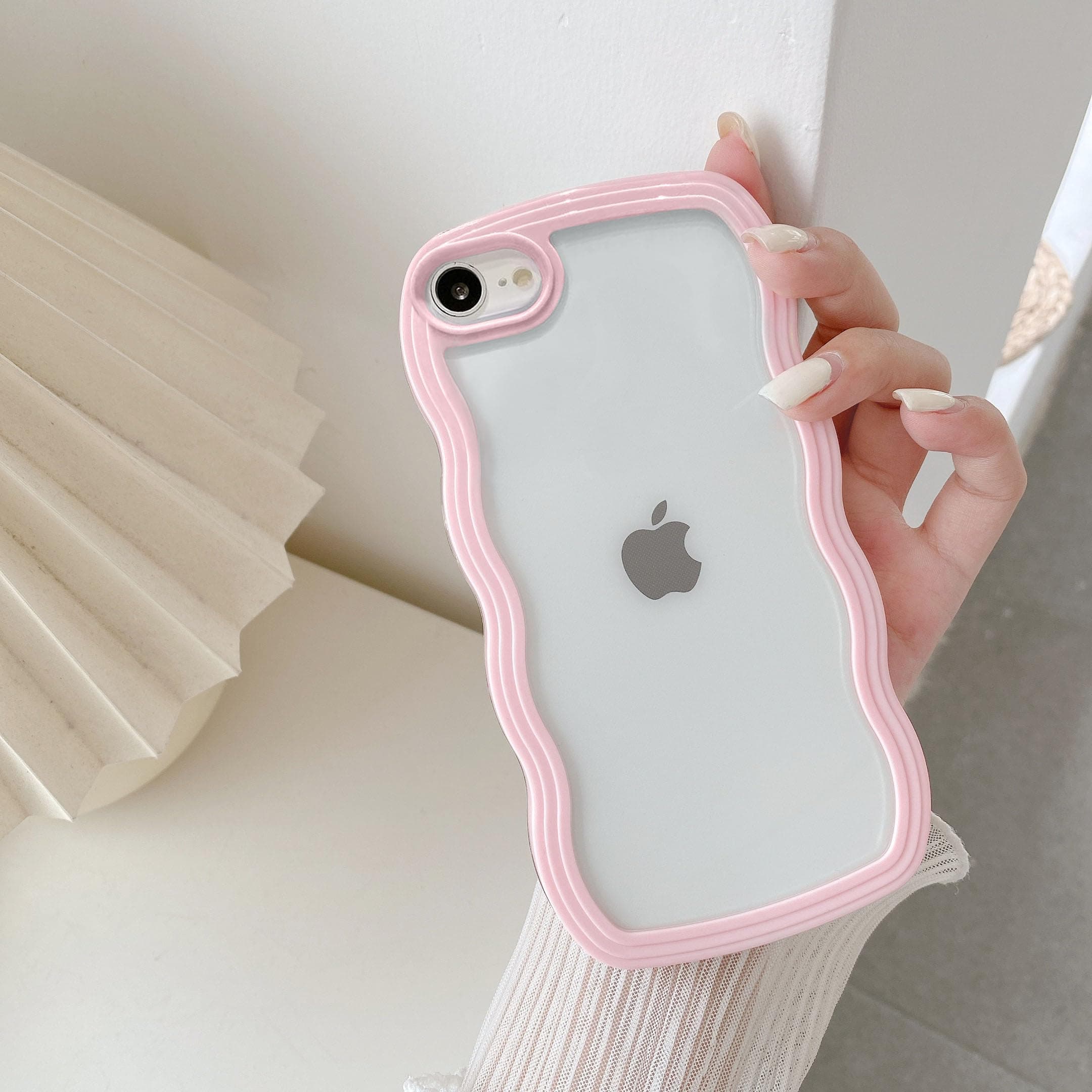 Compatible with iPhone 16e Case, Cute Curly Wave Frame Clear Case for Girls Women, Transparent Soft Silicone TPU Bumper Shockproof Protective Cover for iPhone 16e - Pink