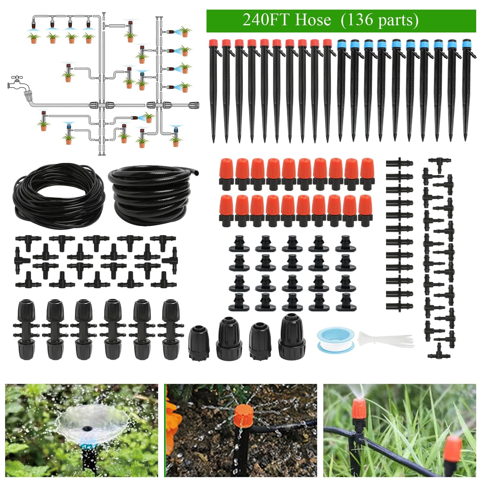 240FT Drip Irrigation System Kit, Lawn, Plant with 1/2 inch Hose 1/4 inch Distribution Tubing Drip Emitters Adjustable Misting Nozzle Barbed Fittings