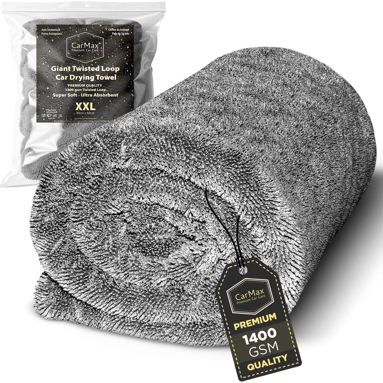Giant Twisted Loop Drying Towel - Double-Sided XXL - 90cm x 60cm 1400gsm Microfibre Towel for fast streak-free drying and detailing.