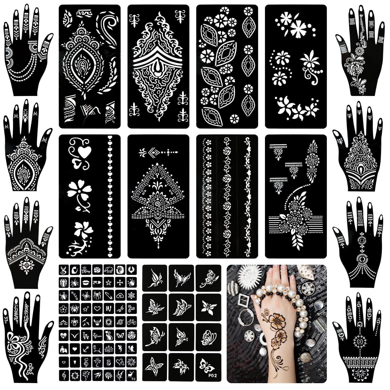 Koogel 18 Sheets Henna Tattoo Stencils, Temporary Flower Patterns Glitter Airbrush Tattoo Kits Arabian Stickers for Women and Girls Face Hand Paint Body Art