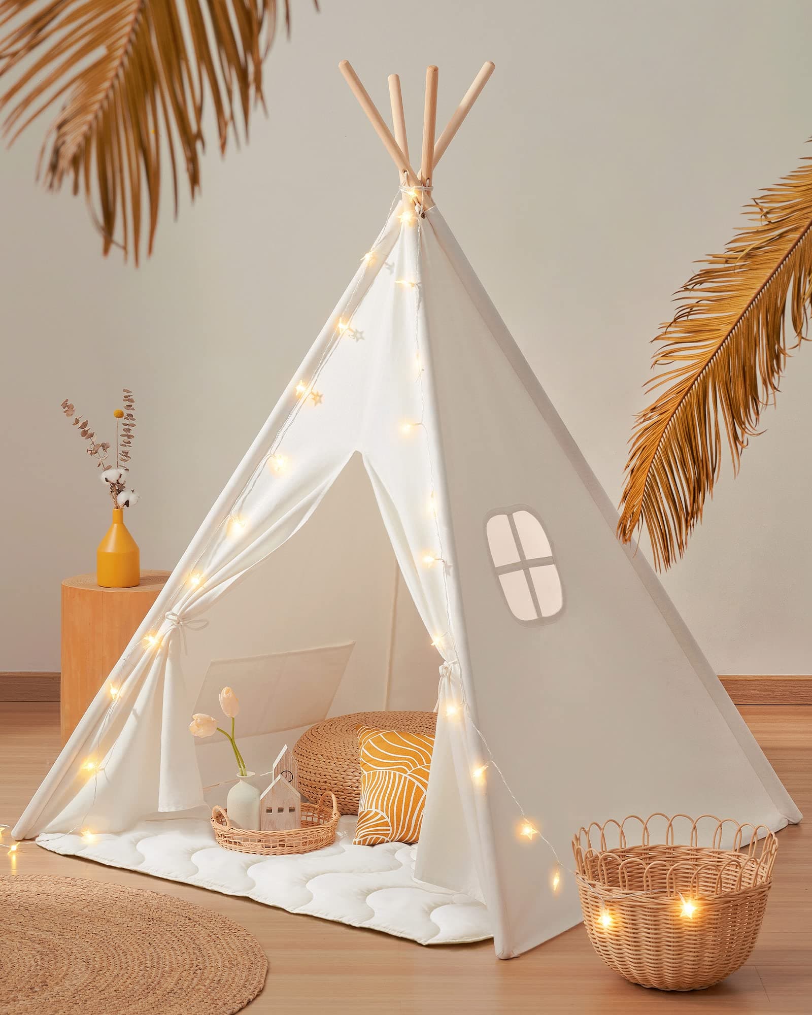 Teepee Tent for Kids with Padded Mat, Light String & Carry Case, Foldable Play Tent for Indoor Outdoor, Washable Tipi Tent for Sleepover, Reading Nook, Portable Playhouse - Raw White Canvas
