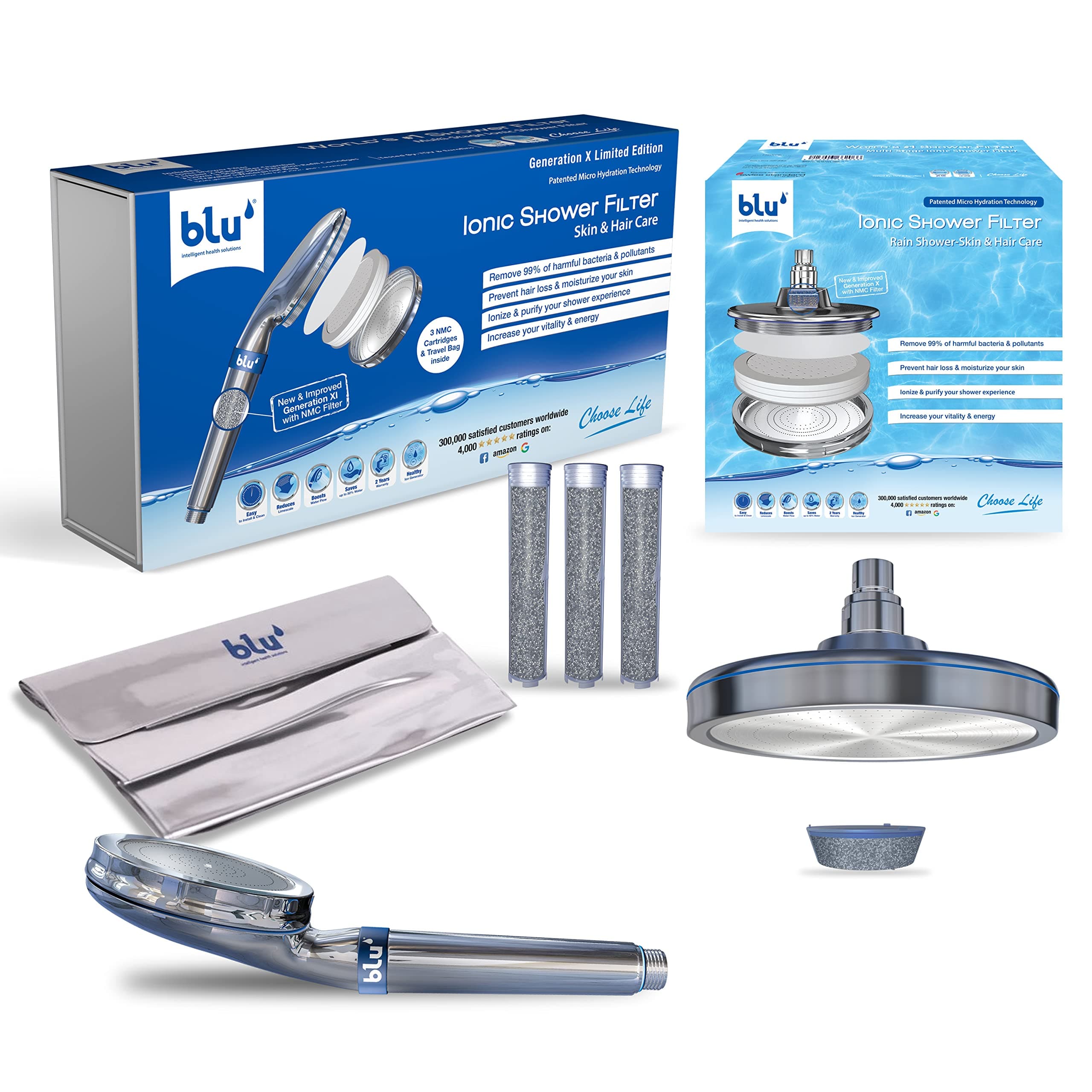 Blu Intelligent Health Solutions blu Ionic Shower Head & Filter - Handheld + Rain Shower Bundle - Removes Chlorine & Harmful Pollutants - Skin & Haircare - Chrome
