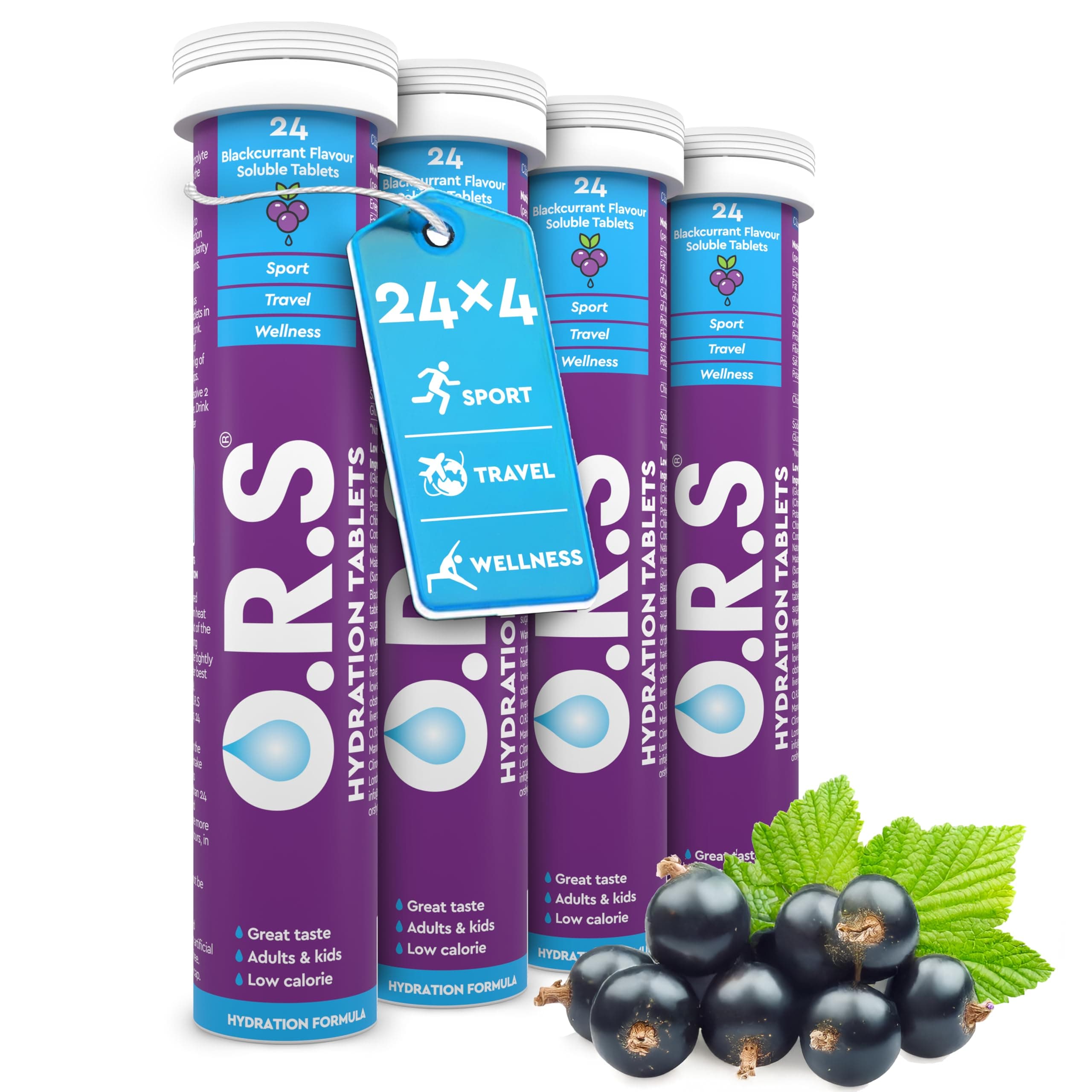 O.R.S Hydration Tablet with Electrolytes for Rehydration, Wellness, Travel, Sports & Recovery | Vegan, Gluten-Free & Low-Calorie Electrolyte Tablets with Natural Blackcurrant Flavour, 96 Tablets