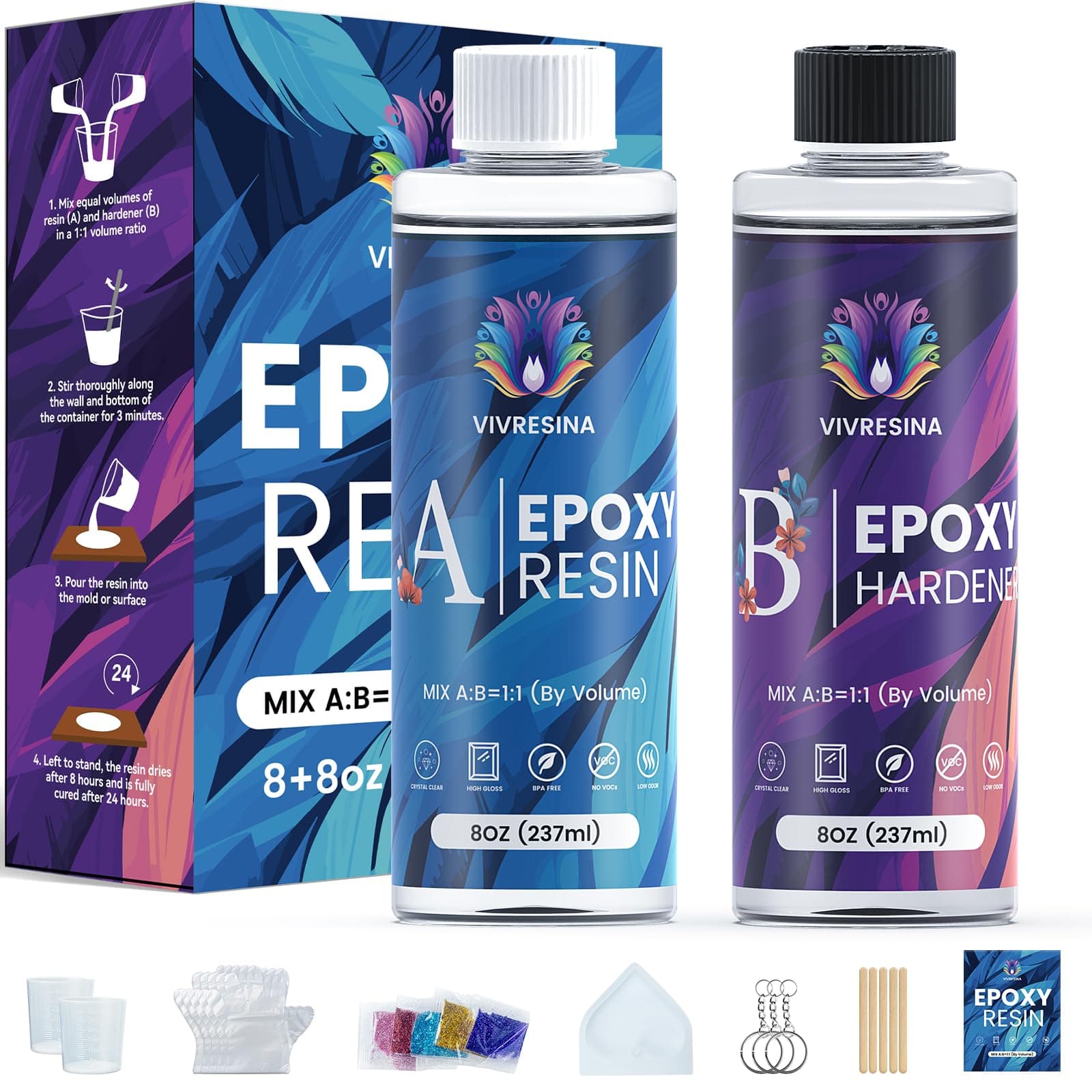 Epoxy Resin Kit for Beginners 16 OZ with Molds, Clear No Bubble Fast Curing Heat Resistant for Casting Coating Art DIY Craft Jewelry Making, Keychains