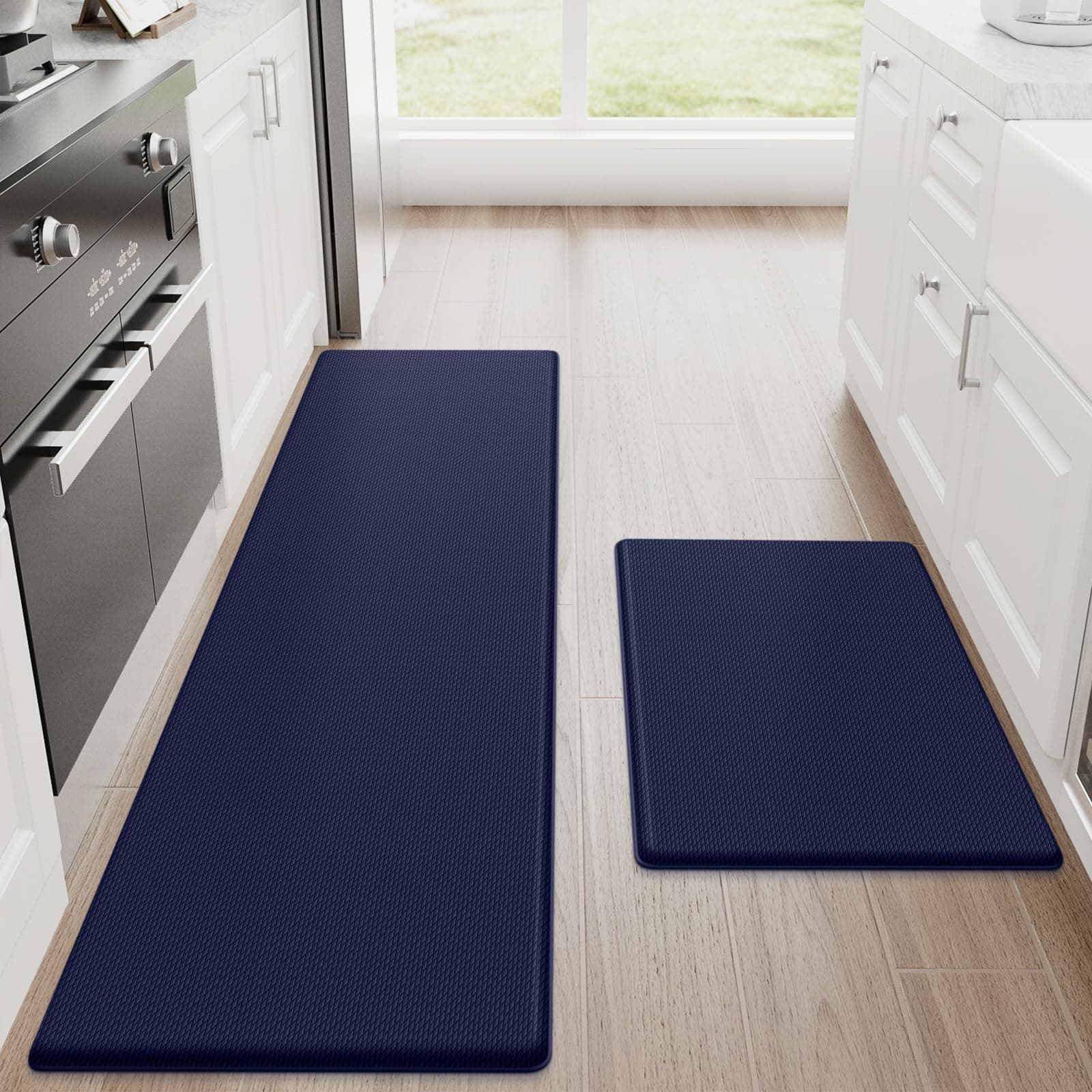StepRite Kitchen Mats, 2PCS Kitchen Rugs, Cushioned Anti Fatigue Kitchen Mats for Floor, Non-Slip Standing Desk Mat, Waterproof Kitchen Rug Set for Kitchen, Floor, Office, 17.3"x30"+17.3"x59", Blue