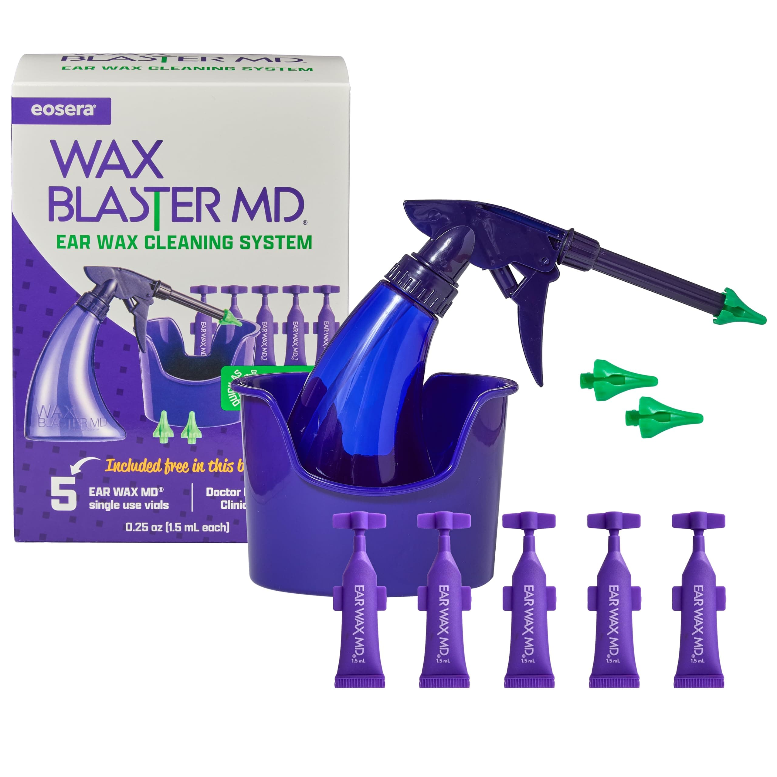 eosera Wax Blaster MD - Ear Wax Cleaning System - Complete Earwax Irrigation Kit for Stubborn and Routine Cleaning - with 5-ct Single Use Vials