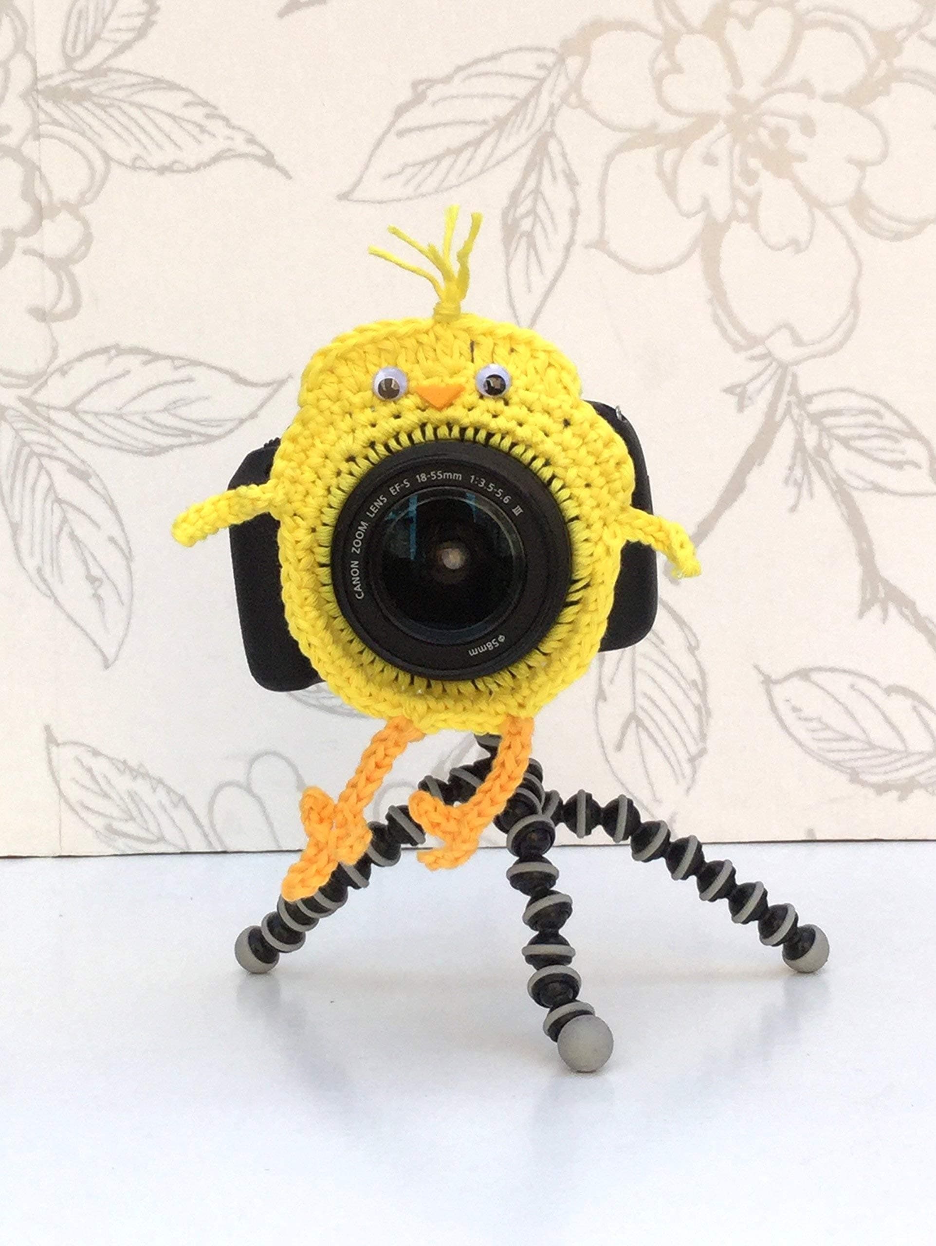 Hand-crocheted Yellow Chick Camera Buddy w/squeaker, Chick Shutter Hugger
