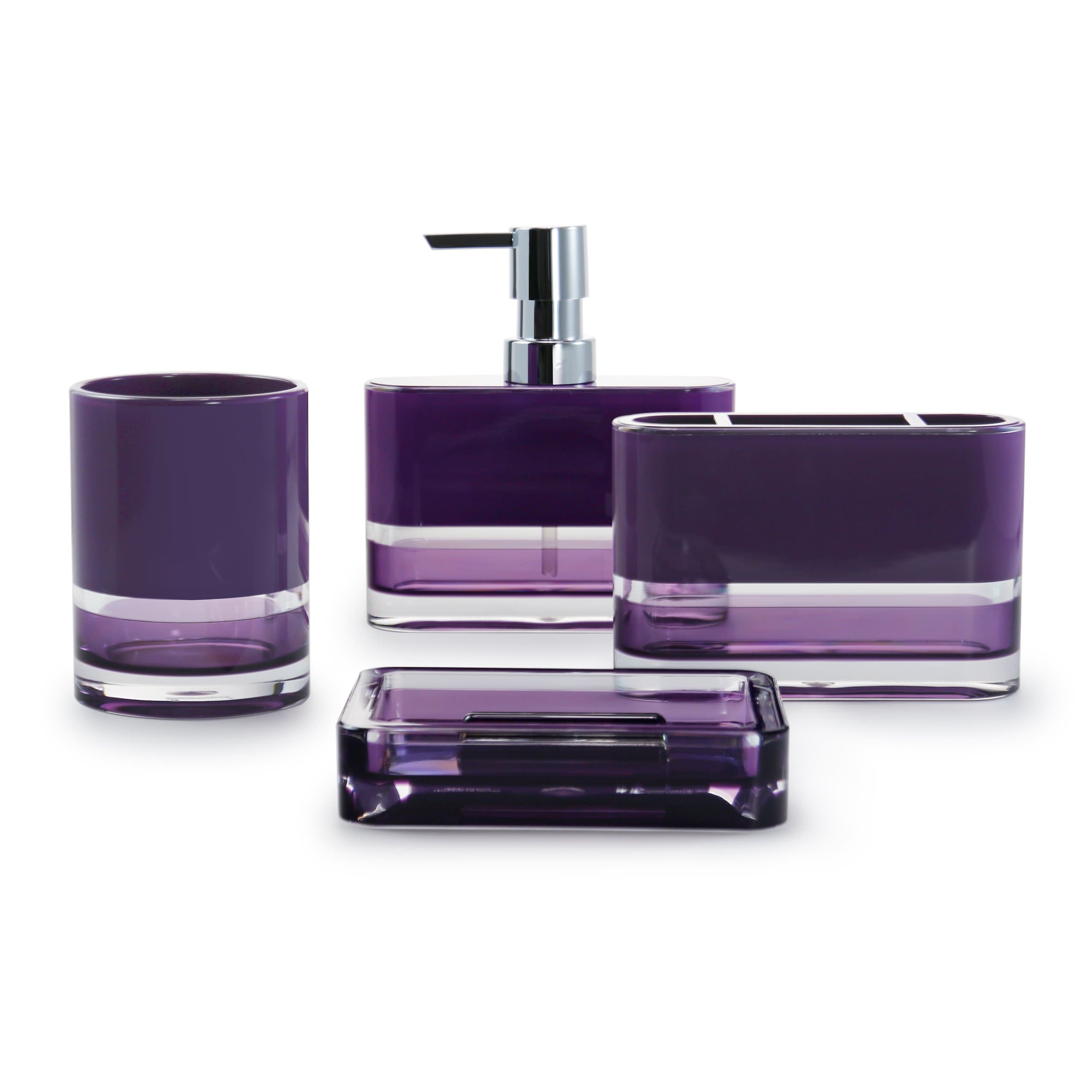 IMMANUEL Float Designer 4-Piece, Translucent Modern Purple Bathroom Accessory Ensemble Set (Tumbler, Toothbrush Holder, Lotion Dispenser and Soap Dish Included), Durable MS Acrylic Bath Organizer