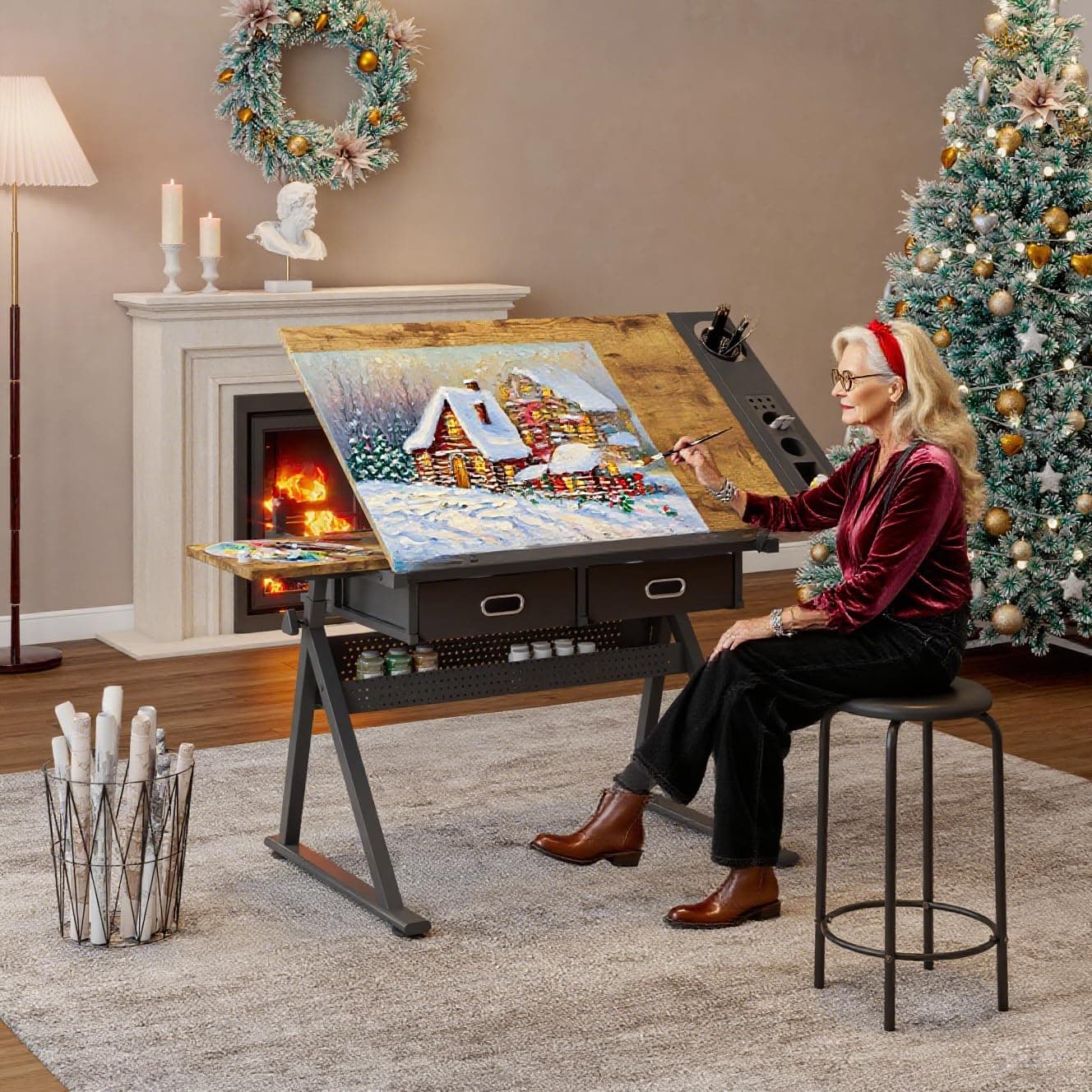 Craft Table, Height Adjustable Drafting Table 0-75° Tilt with Storage, Tilted Art Desk for Adults, Includes Stool, Drawing Table for Home, Office, School (Black-Wood-2)