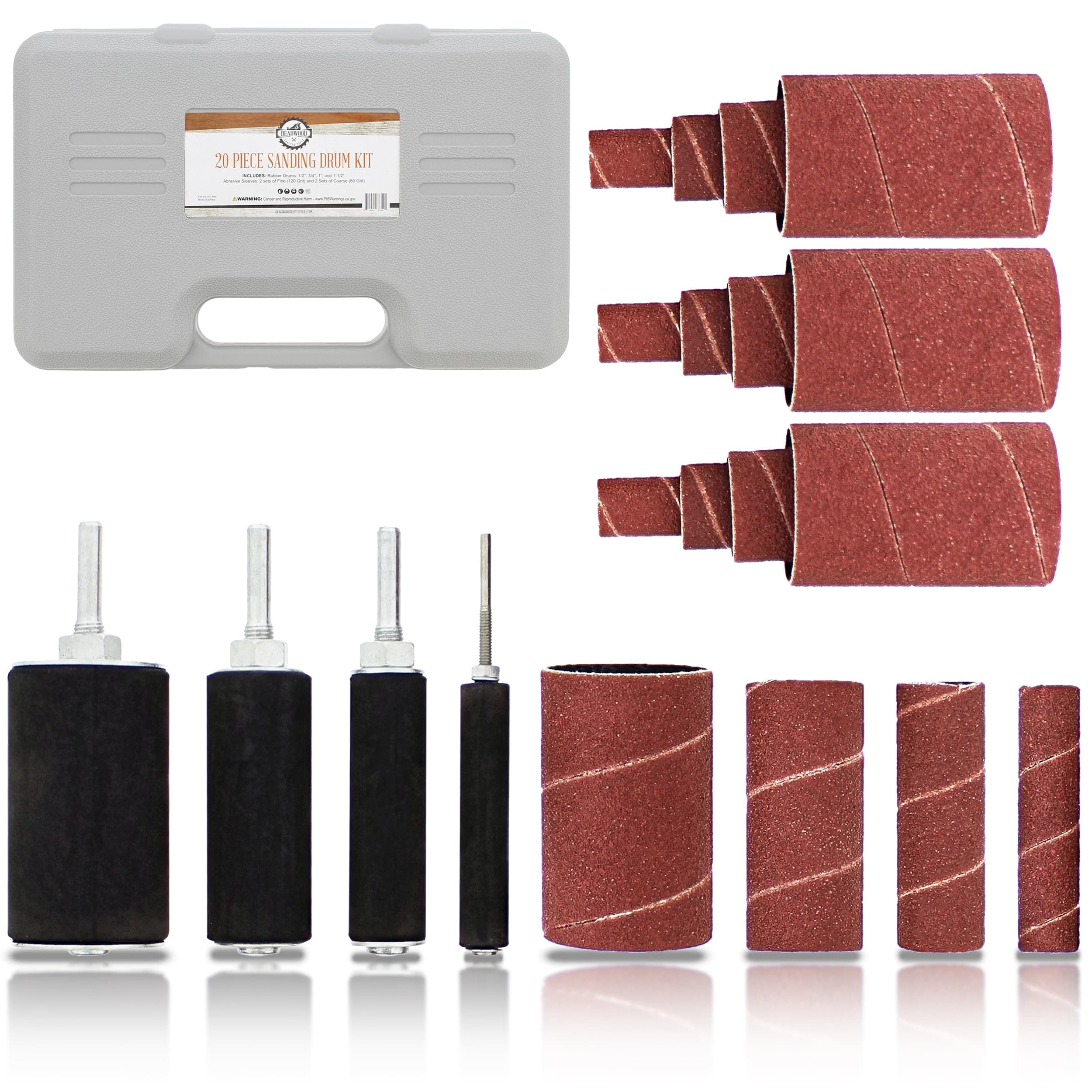 DCT 1/4 Inch Drive Drill Press Sanding Drum Kit - Rubber Sanding Drums (0.5-1.5 Inch) and Spindle Sander Sleeves, 20pc