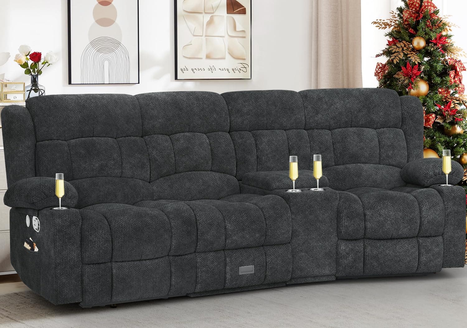 Recliner Sofa with Storage Console, Flip Middle Backrest Design 3 Seat Reclining Sofa with Storage Drawer, USB Ports & Cup Holders, Manual Couch for Living Room (Gray, 3 Seater + Console)