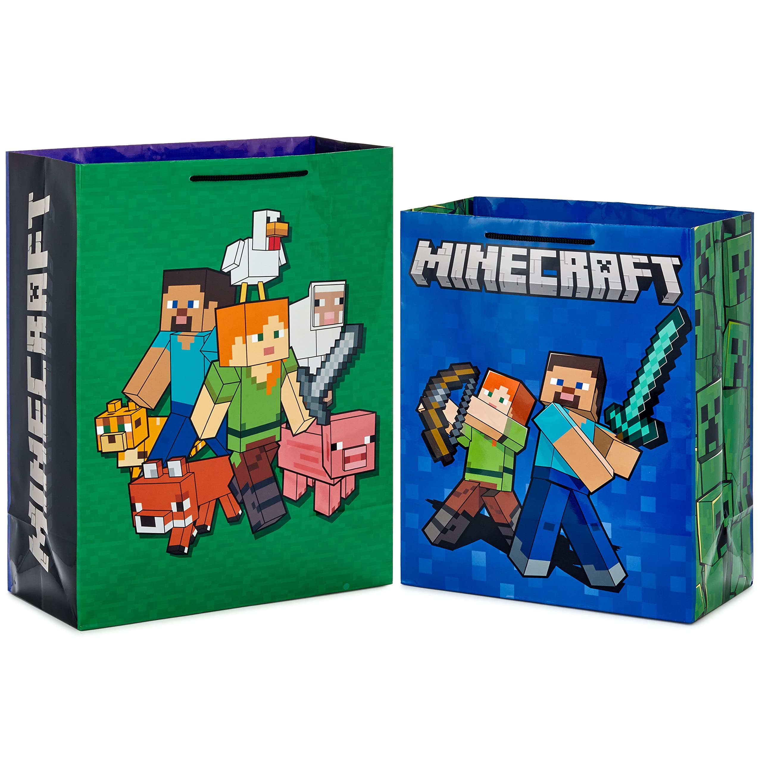 Minecraft Gift Bag Bundle (2 Bags: 13" Large Blue Bag, 15" Extra Large Green) for Birthdays, Christmas, Valentine's Day, Halloween, Kids Parties