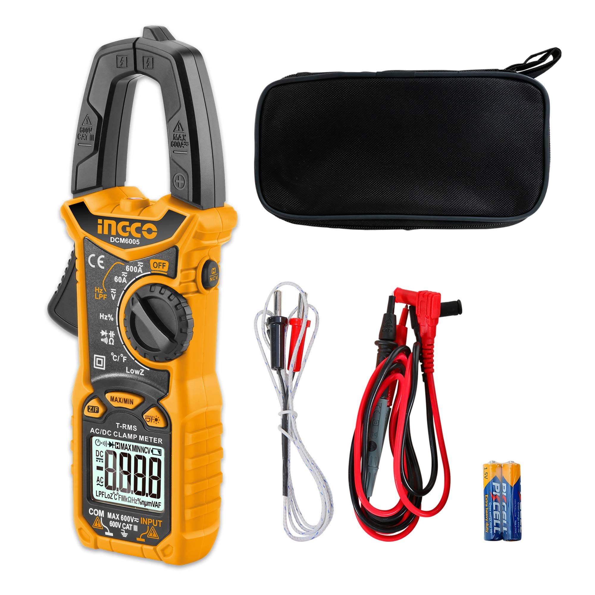 inGCO Auto Ranging Digital Clamp Meter TRMS 6000 Counts Measures AC/DC Voltage AC/DC Current Resistance Capacitance Diode Test Temperature DCM6005
