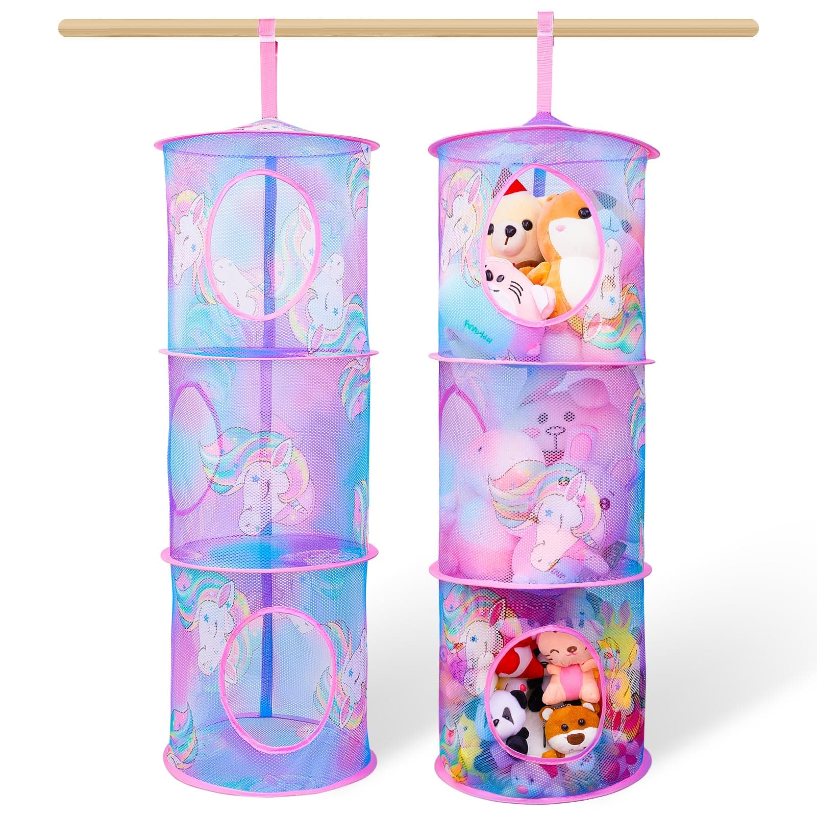 Stuffed Animals Net or Hammock 2 Pack Toy Storage Hanging Mesh Unicorn Castle Kids Toy Organizer Corner Stuffed Animals Holder For Nursery Girls Decor, Rainbow