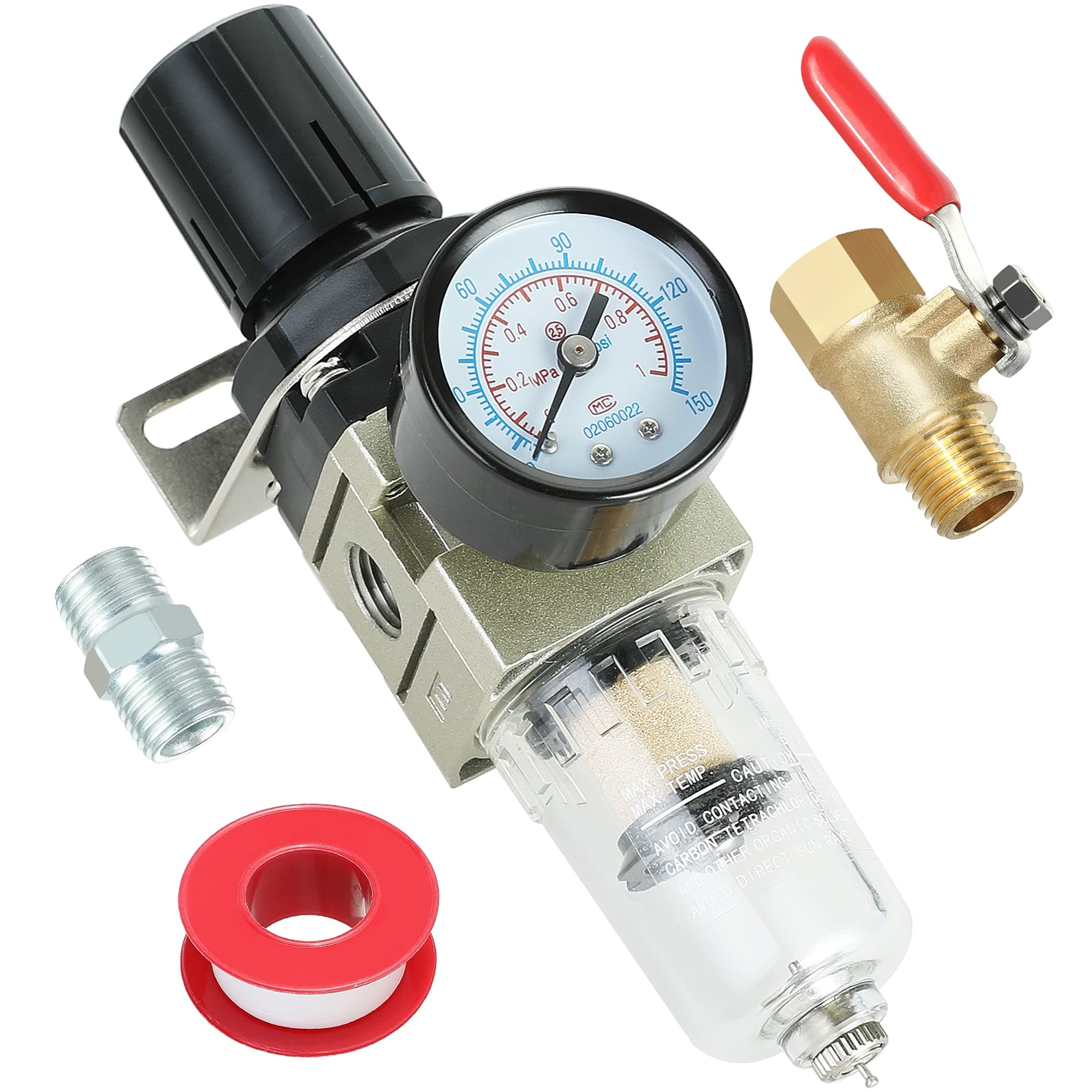 Hromee Compressed Air Filter Regulator Combo Piggyback 1/4 Inch, Heavy Duty Brass Shut Off Ball Valve, Water Separator w/Pressure Gauge and Bracket, Manual Drain AW2000-02