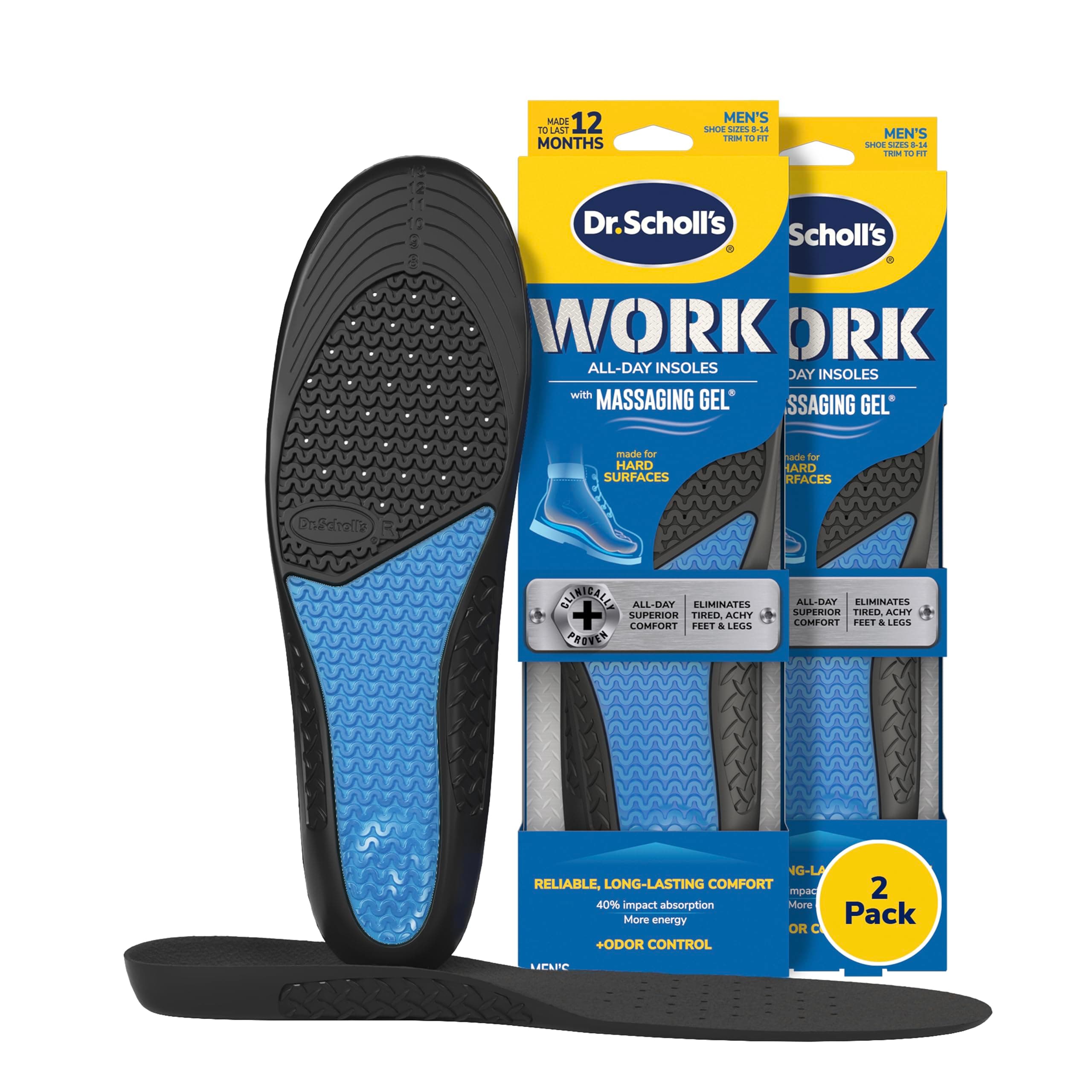 Dr. Scholl's Work Insoles (Pack 2) // All-Day Shock Absorption and Reinforced Arch Support That Fits in Work Boots and More (for Men's 8-14, Also Available for Women's 6-10)