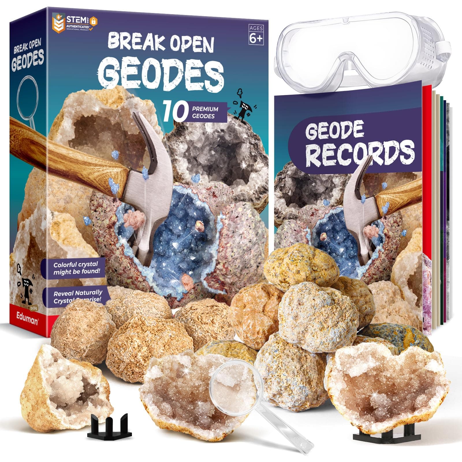 EDUMAN Break Open 10 Premium Geodes with Crystals - STEM Educational Geology Science Kit, Real Crystal Geodes Kits for Toys Gifts Kids Boys & Girls