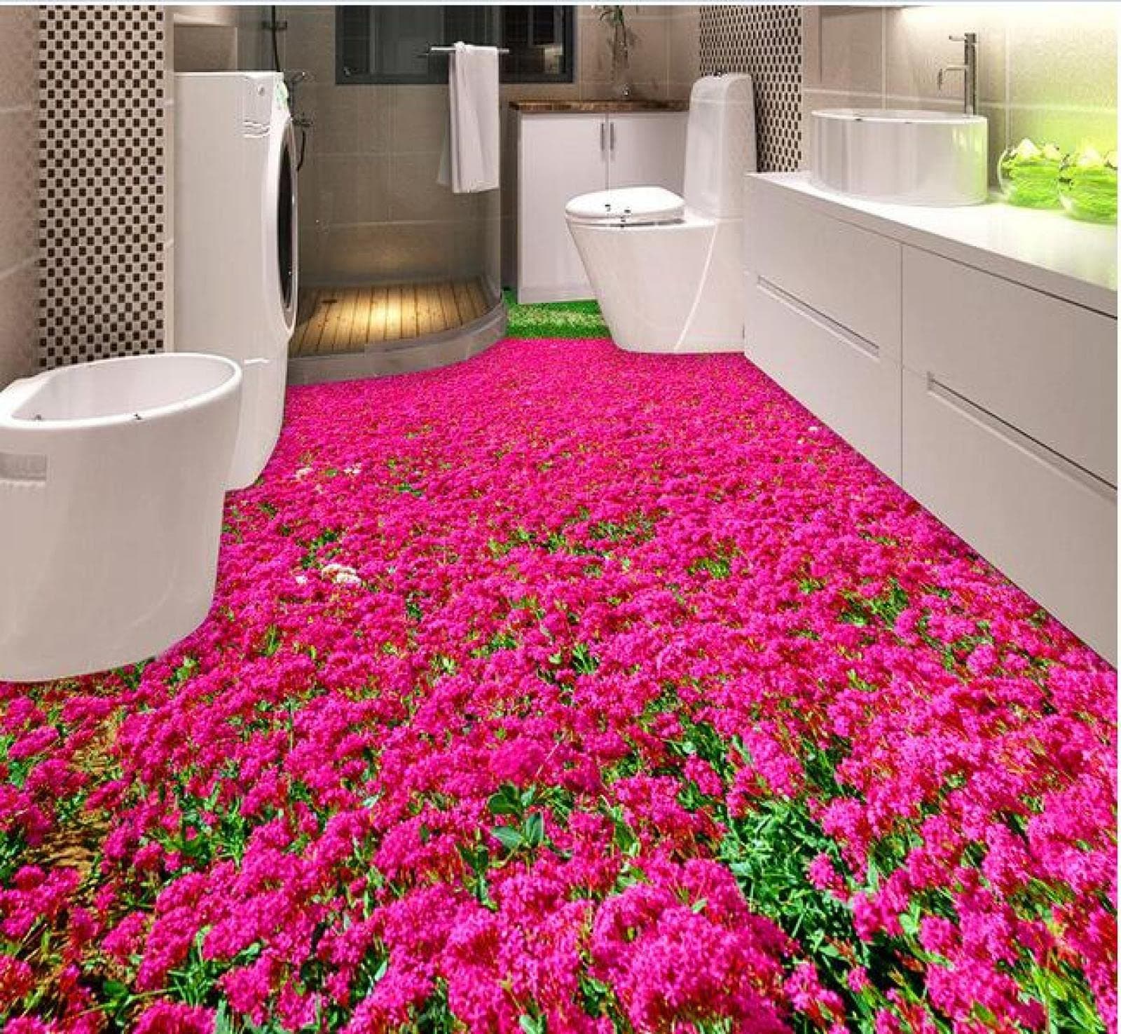 Wall Mural Wallpaper 47 x 32 inch (Width x Height) 3D PVC Flooring Custom Wallpaper Beautiful Flowers and The 3D Bathroom