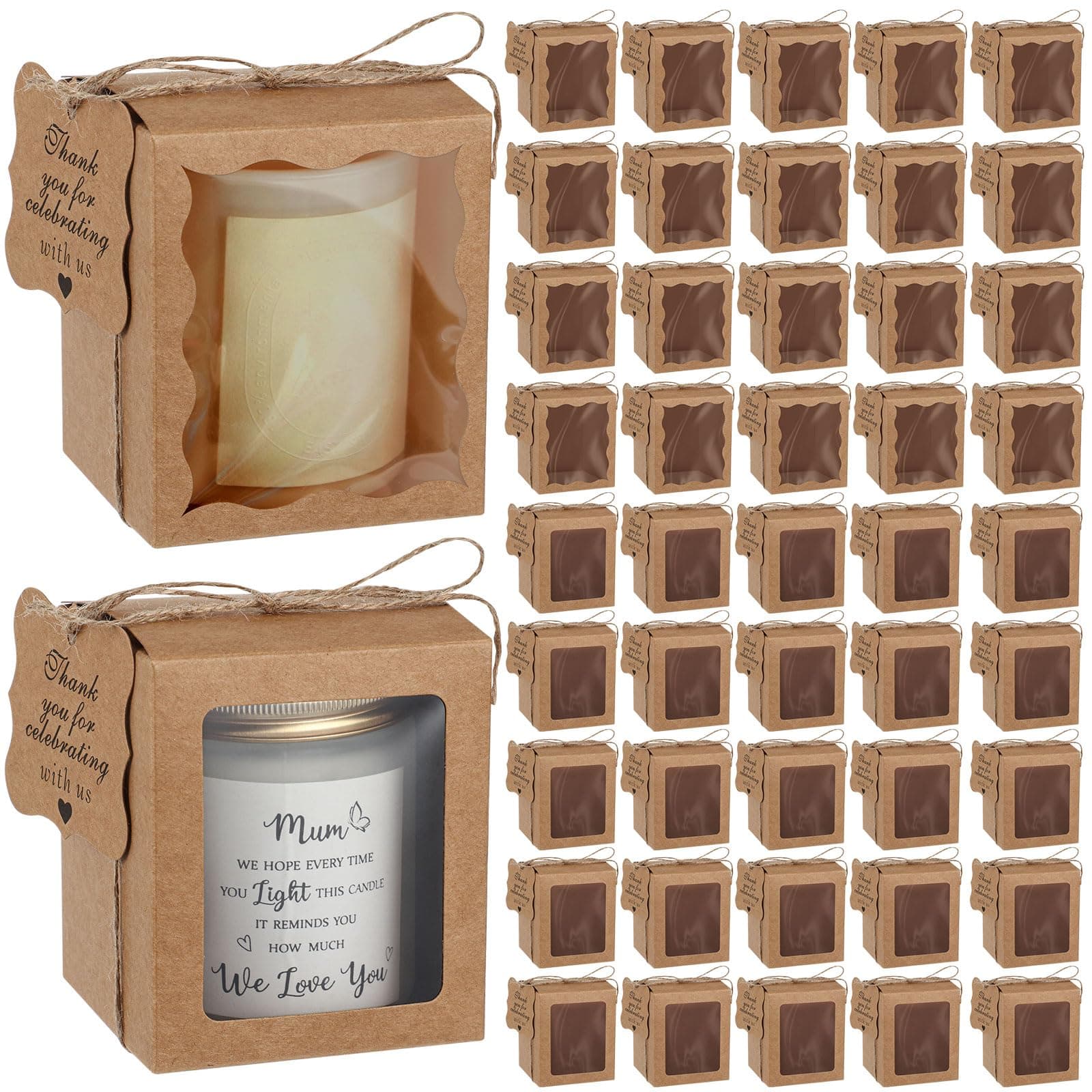 ReliThick 100 Set Candles Gift Boxes Include 100 Pcs Transparent Candles Packaging Box 3.35x3.35x3.94 in for 10oz Candle Jar 100 Thank You Tags a Roll Rope for Birthday Baby Shower Wedding