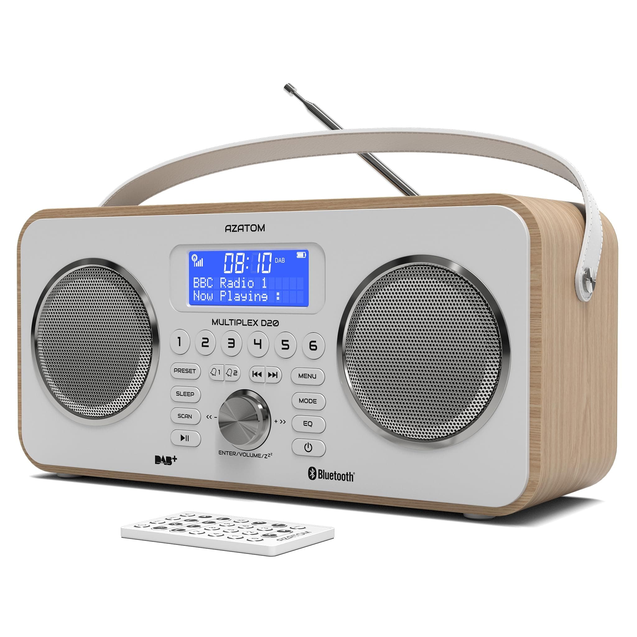 DAB/DAB+ & FM Portable Digital Radio | Bluetooth | Remote Control | Rechargeable Battery | Dual Alarms & Sleep Timer | Perfect for Home, Office or Outdoors | AZATOM Multiplex D20 (Oak)