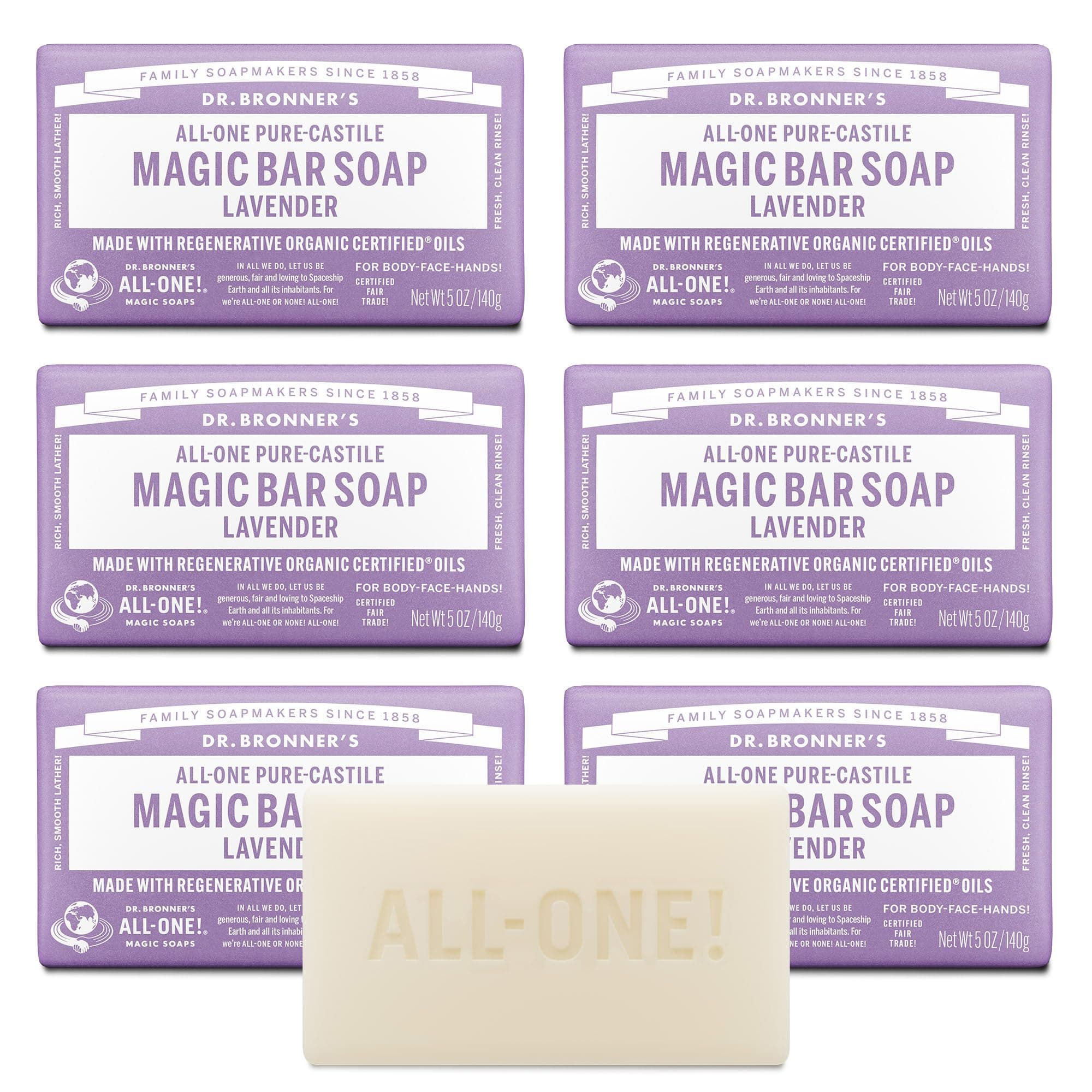 Dr. Bronner's Pure-Castile Magic Soap Bars (Lavender, 5 oz, 6-Pack)- Bath Soap with Regenerative Organic Certified Oils- For Face, Body & Hair - Gentle, Biodegradable, Vegan- Bar Soaps for Men & Women
