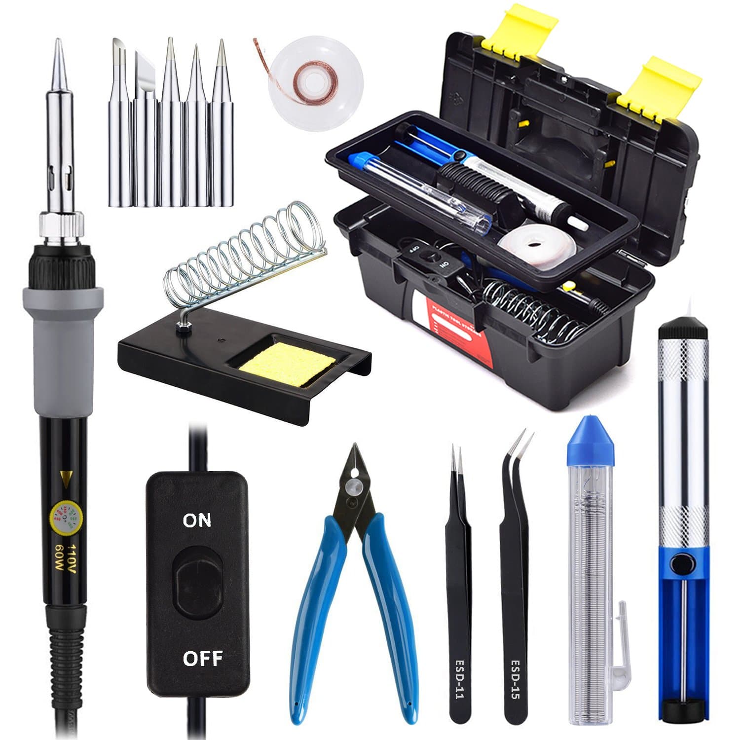 Soldering Iron Kit with On/Off Switch 60W 110V Adjustable Temperature Welding Soldering Iron, 5pcs Tips, Solder Sucker, Solder Wire, Tweezers, Desoldering Wick, Iron Stand and Sponge with Tool Case