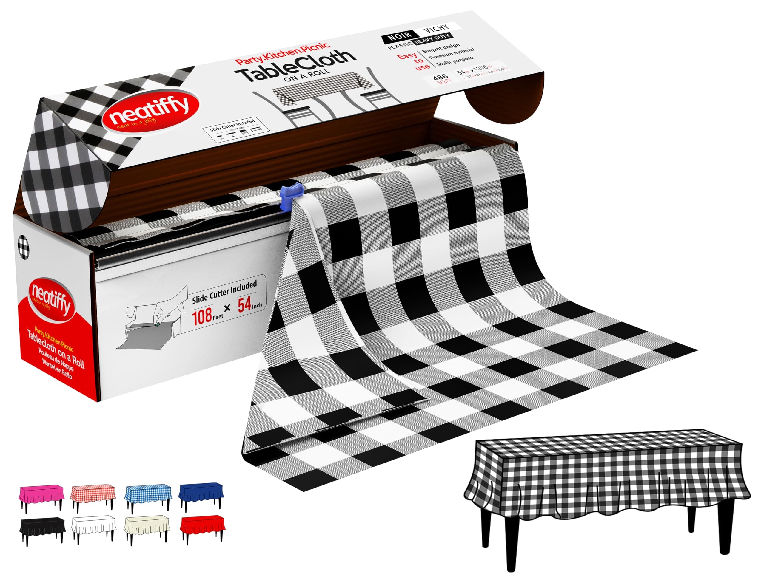 Black Checkered Disposable Plastic Table Cloth Roll | 54 Inch x 108 Ft Waterproof Tablecloth | Rectangle, Square, Round, Oval Tables | Picnic, Party, Banquet, Birthdays, Weddings