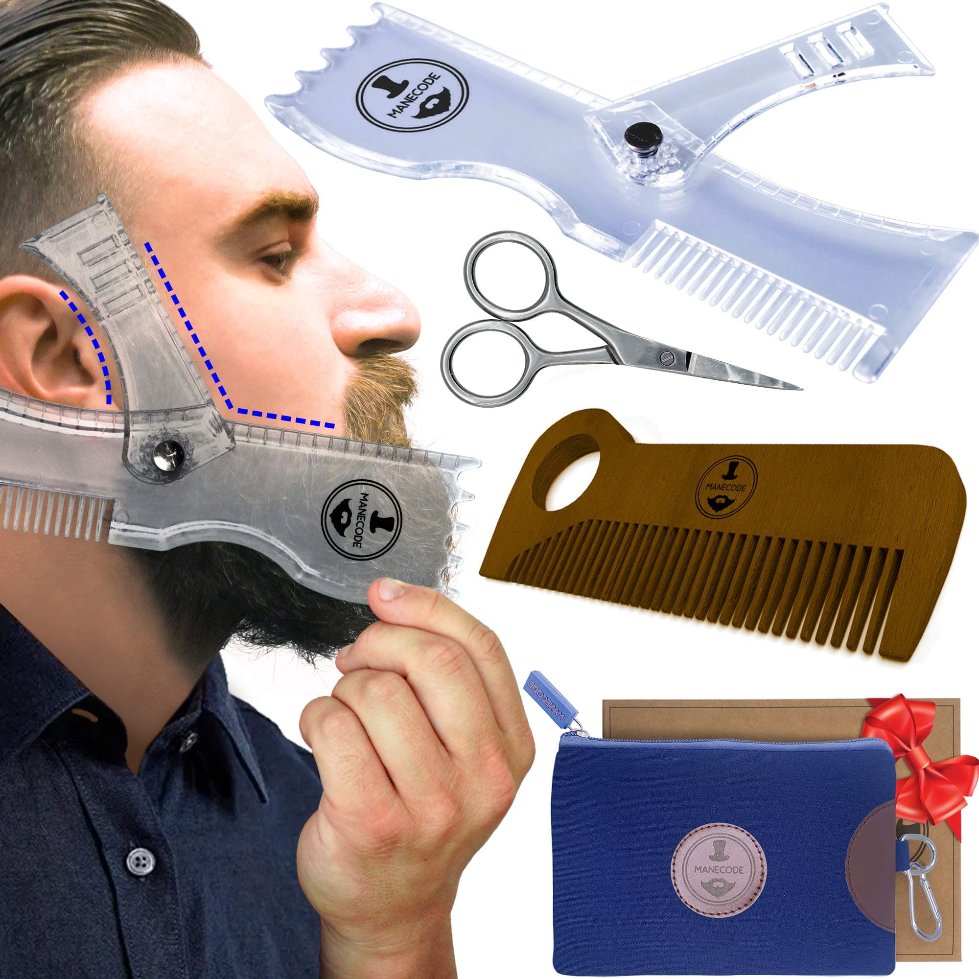 Beard Shaping Tool - Grooming Beard Shaper Tool - 5 in 1 Beard Kit with Beard Template, Wooden Comb, Laser Sharpenning Scissors, Shaping Tool Case and Guide - The Best Set for Your Beard Care
